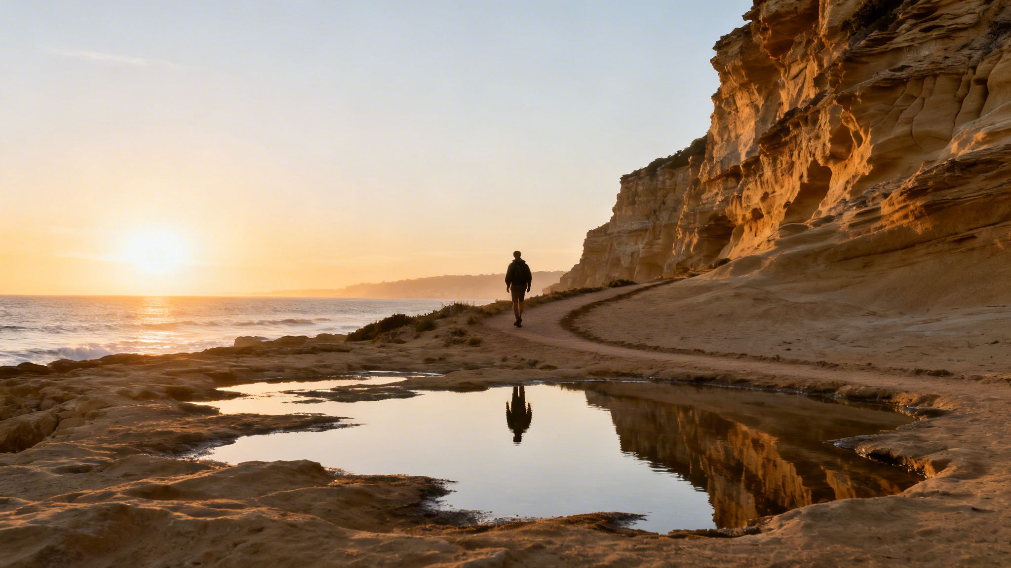 A person walks along a coastal path with cliffs and a sunset over the ocean, reflected in a puddle.