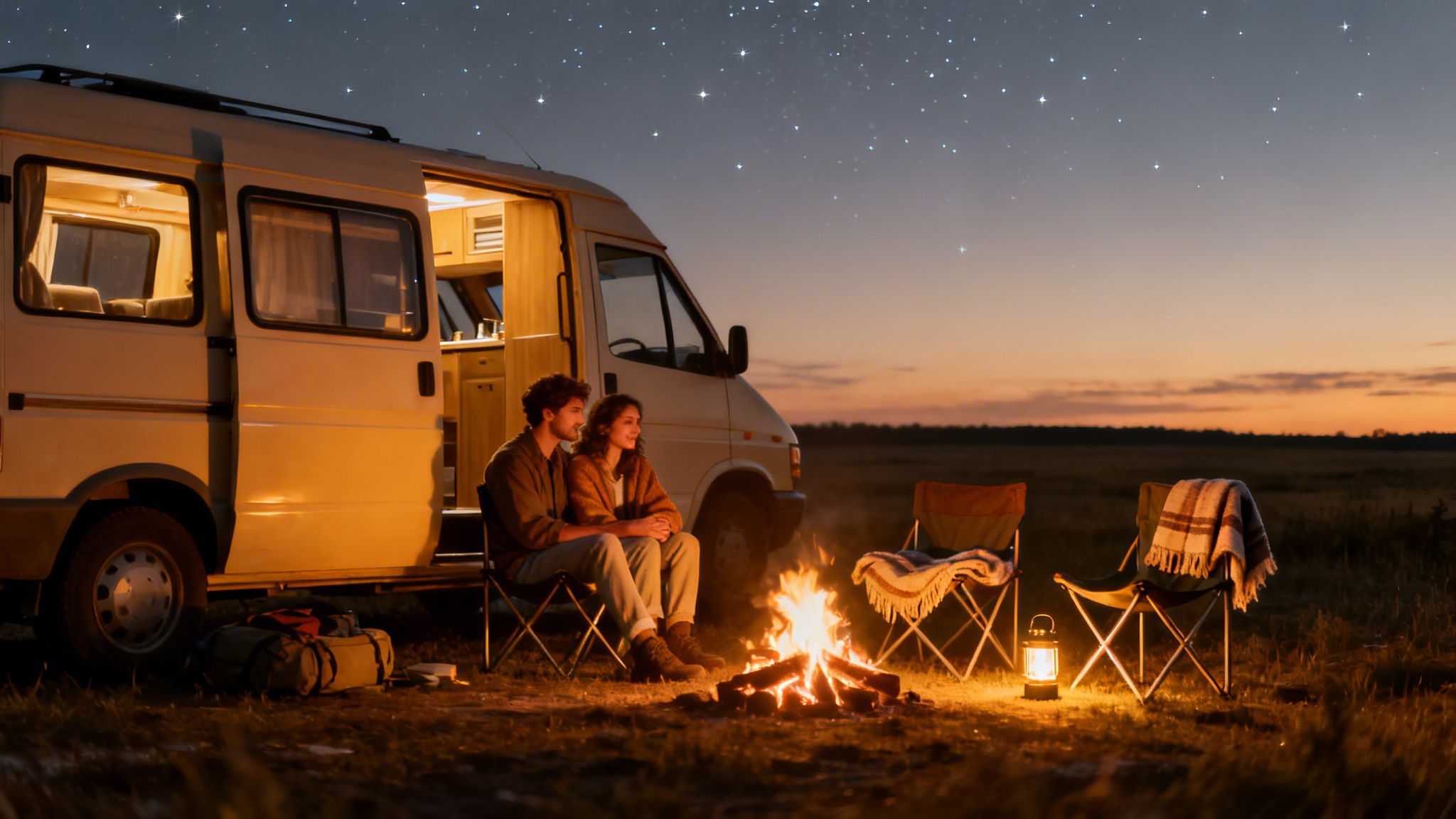 A couple enjoys a warm campfire under a starry sky while camping with their van.