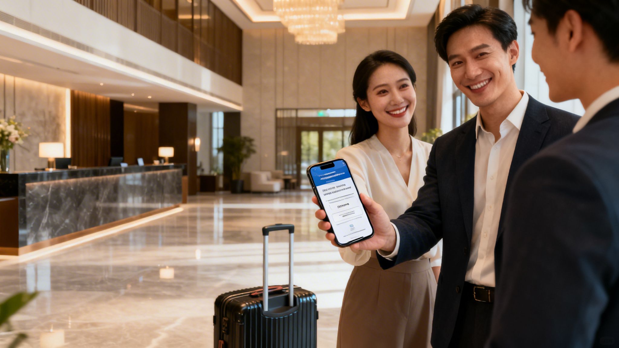 Happy couple showing a digital check-in on a smartphone at a luxury hotel lobby.