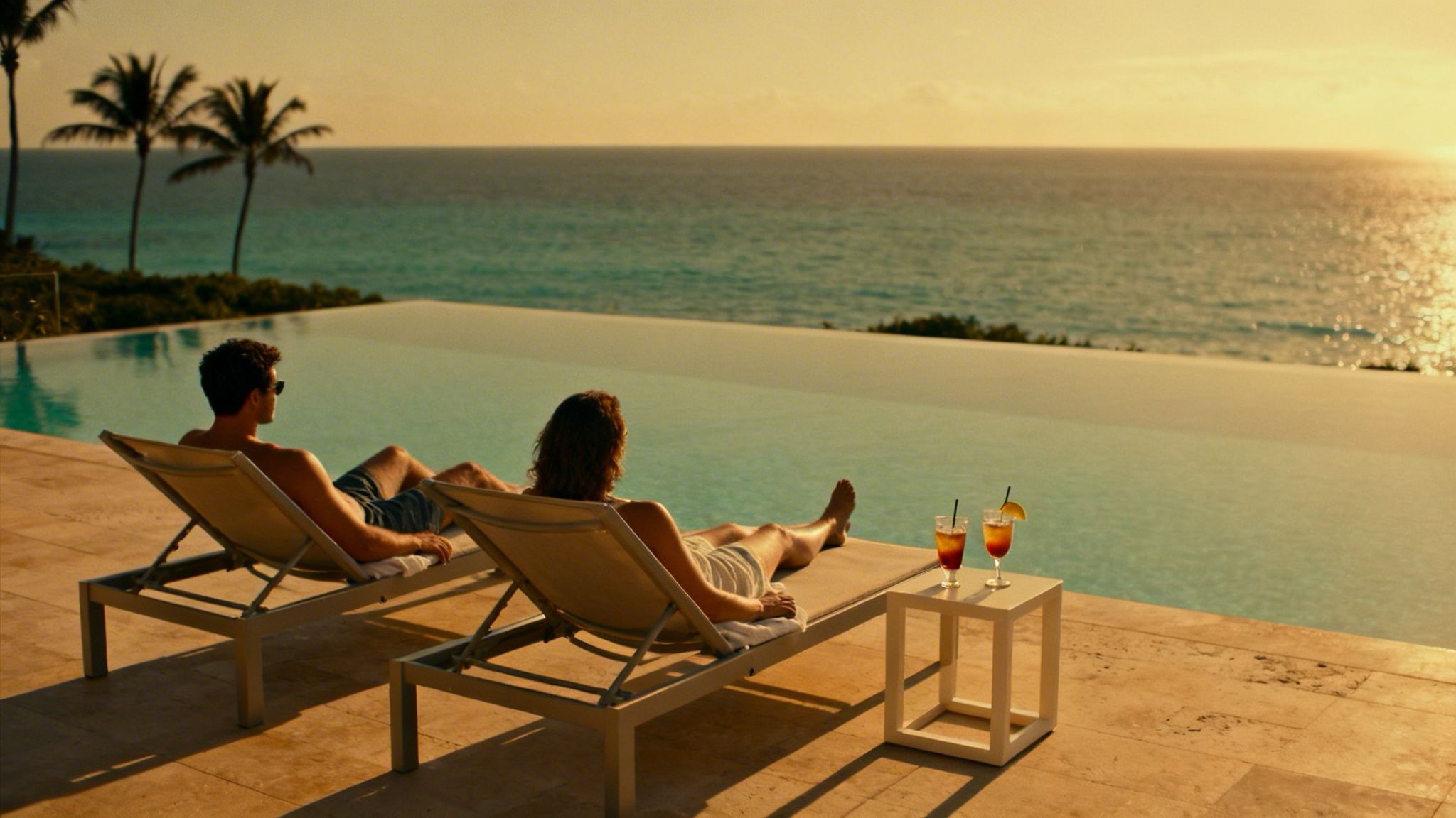 A couple relaxes on lounge chairs by an oceanfront infinity pool at a tropical resort during sunset.