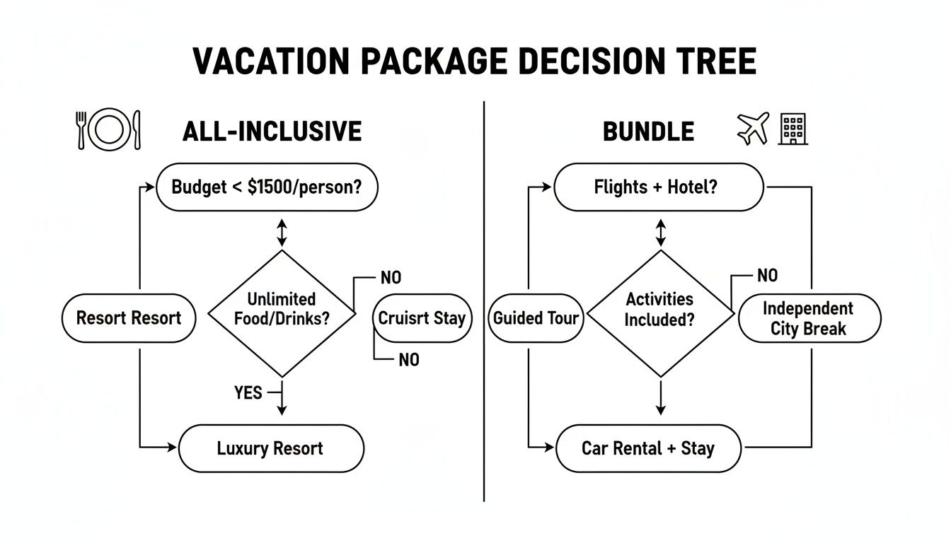 A decision tree flowchart for choosing vacation packages, detailing all-inclusive and bundle options.