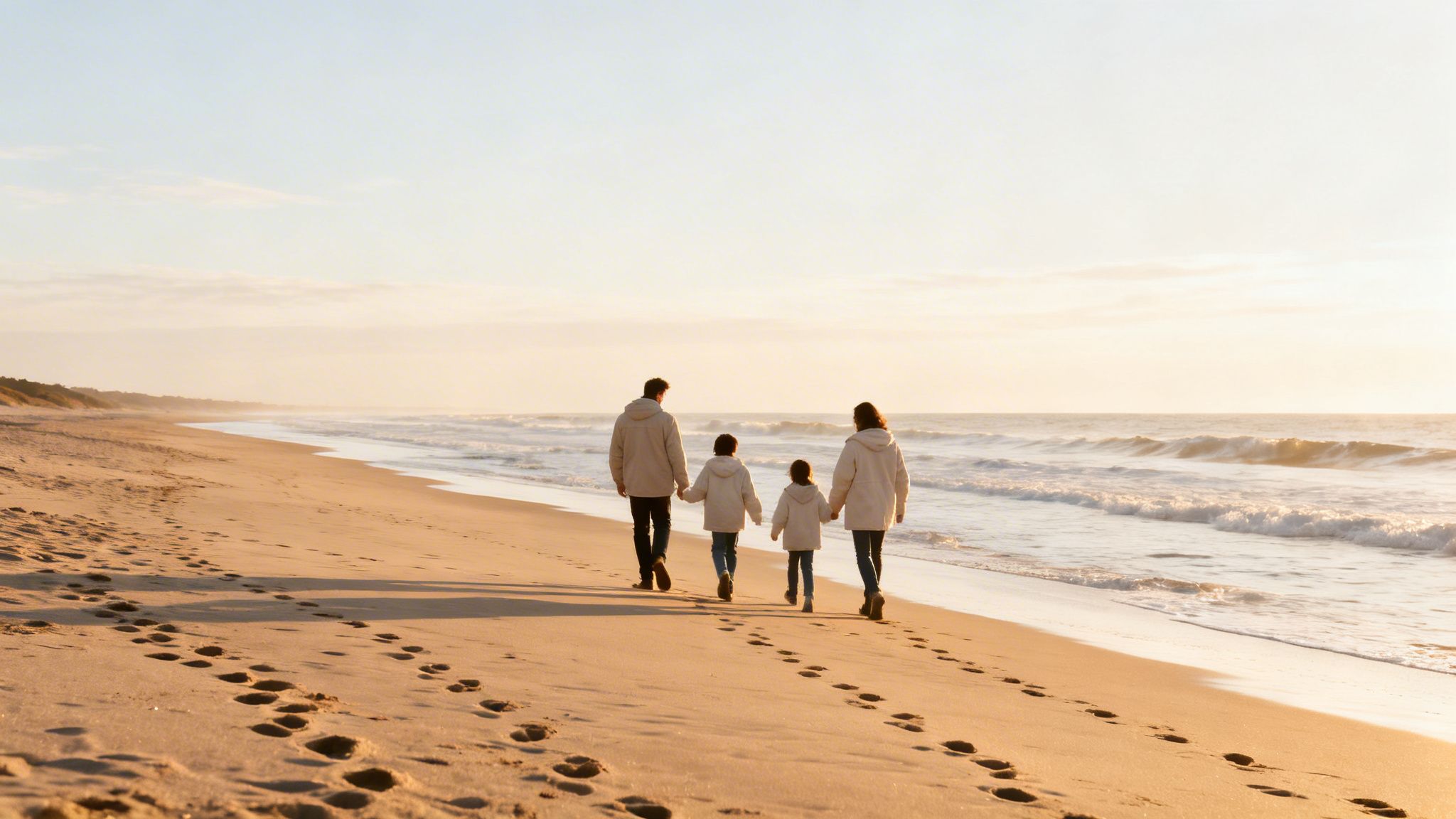 A family of four, holding hands, walks along a sandy beach at sunset, leaving footprints in the sand.