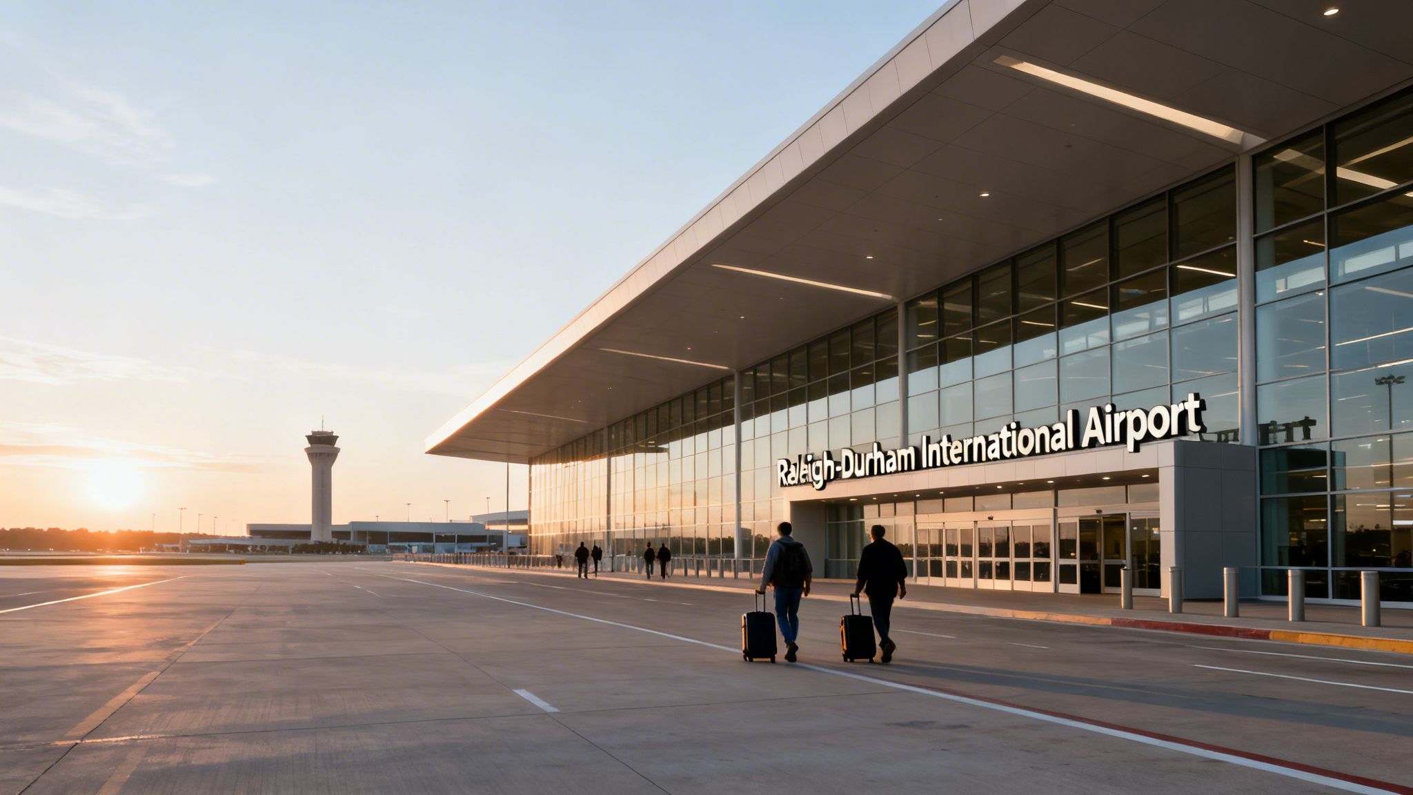 Raleigh-Durham International Airport exterior at sunset with two travelers walking towards the entrance.