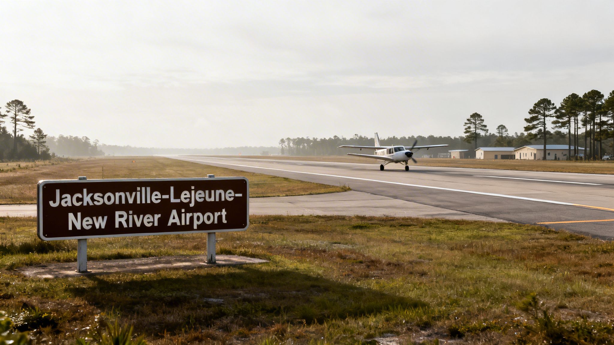 A small plane taxing on a runway at Jacksonville-Lejeune New River Airport with the airport sign.
