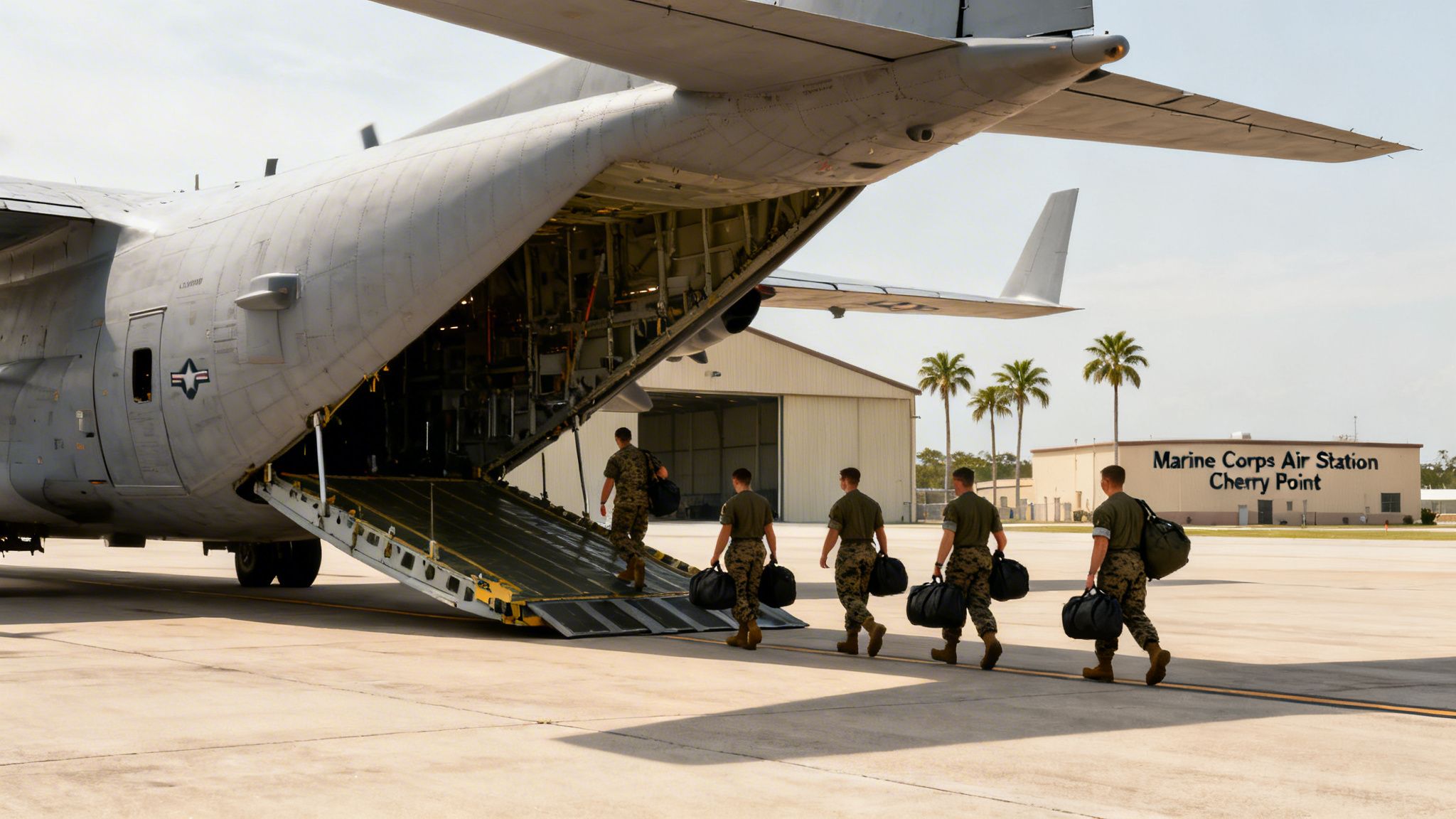 Marines in camouflage uniform board a large military transport aircraft at Marine Corps Air Station Cherry Point.