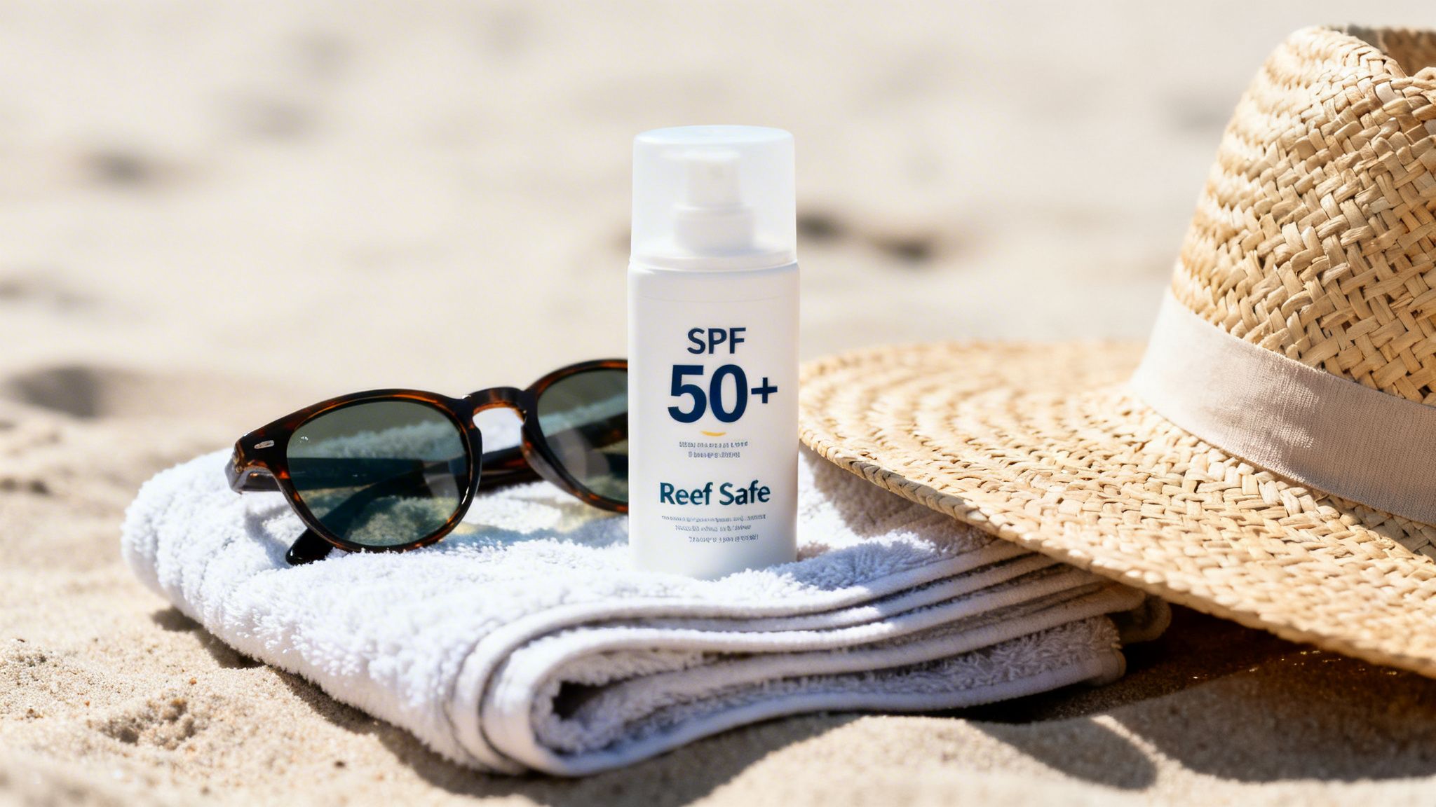A white sunscreen bottle with SPF 50+, brown sunglasses, a white towel, and a straw hat on a sandy beach.