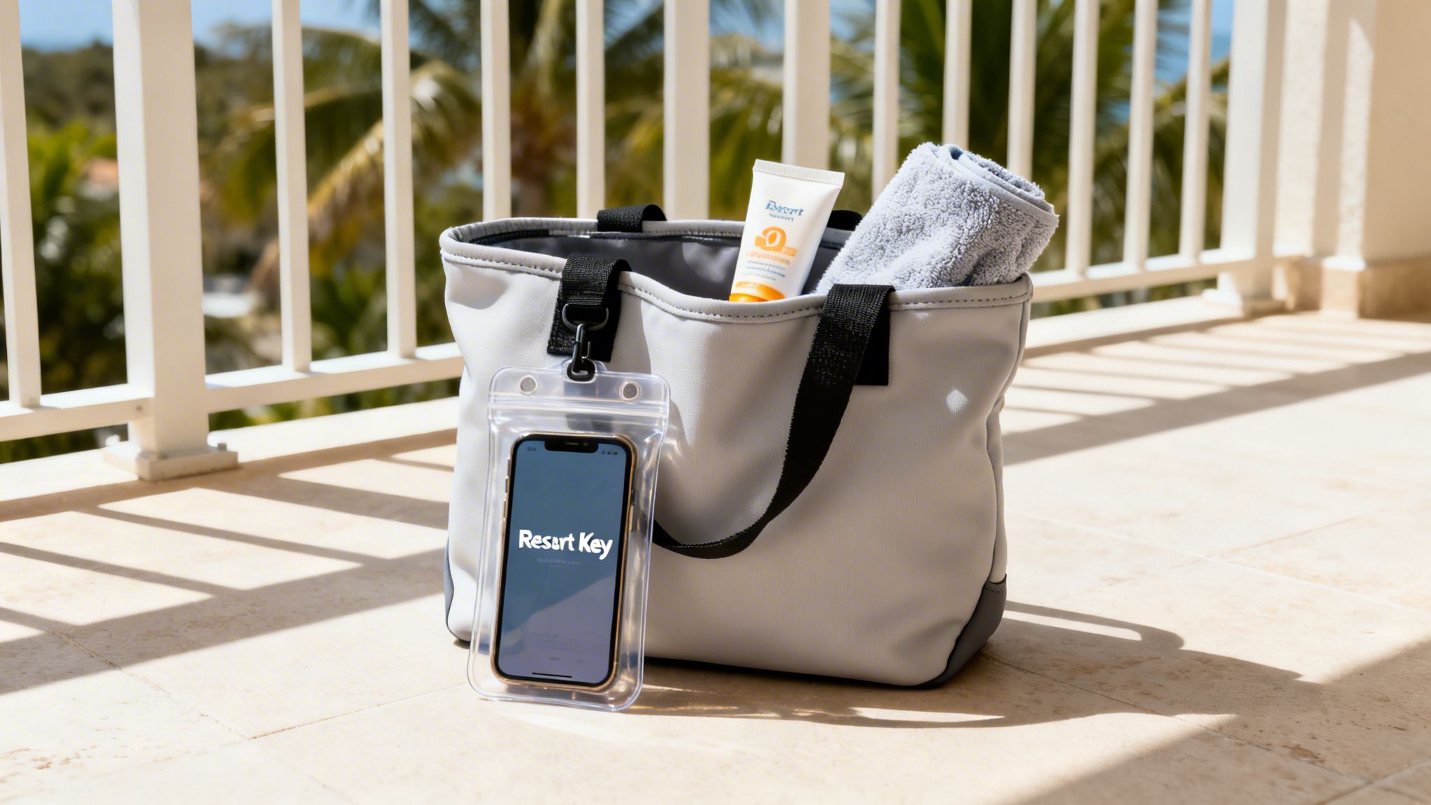 A grey tote bag on a balcony with sunscreen, a towel, and a phone in a waterproof pouch, ready for a resort day.
