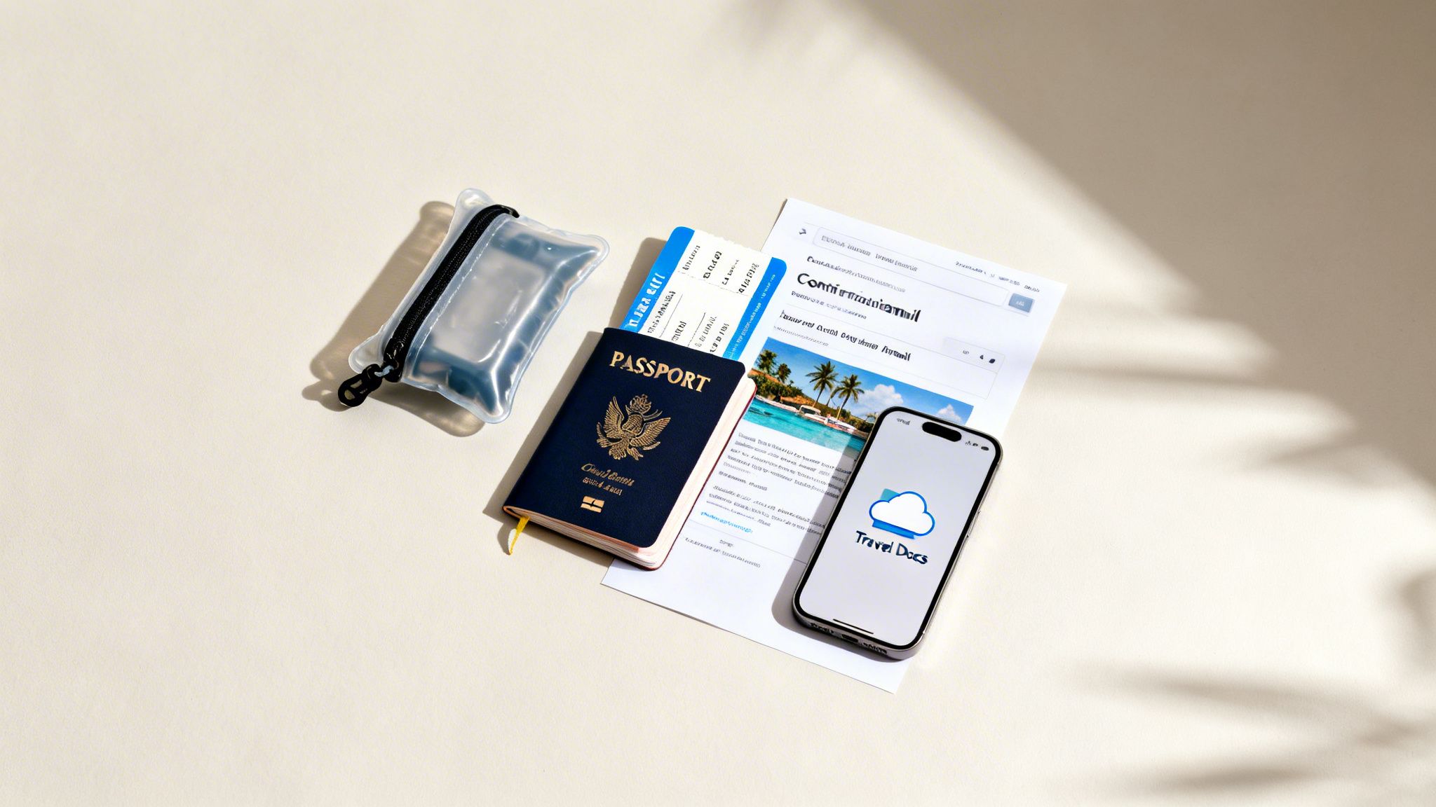 A US passport, boarding passes, a smartphone with a travel app, and an itinerary for an all-inclusive resort.