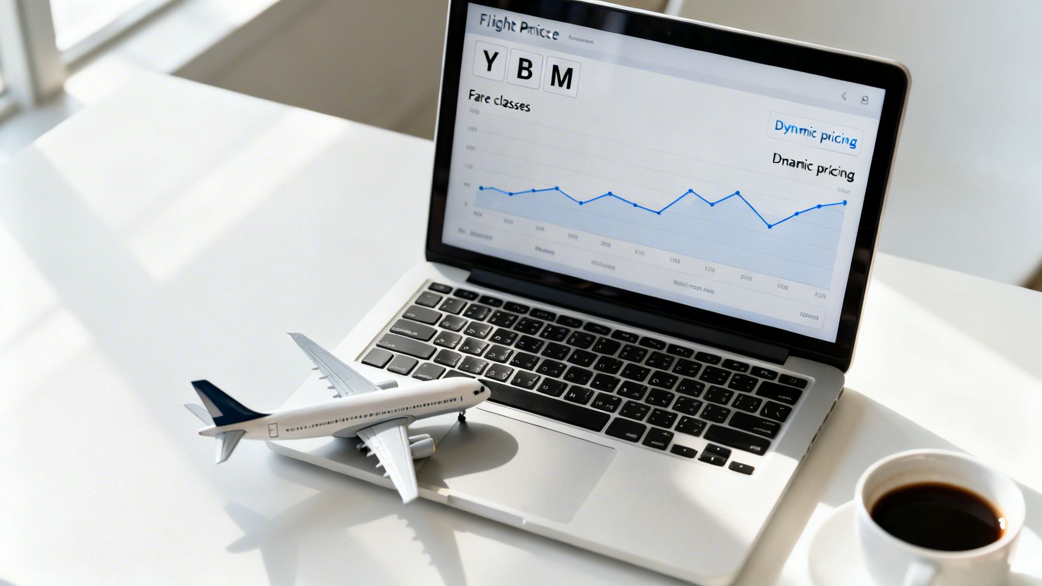 Laptop displaying flight fare classes and dynamic pricing graph with a model airplane and coffee.