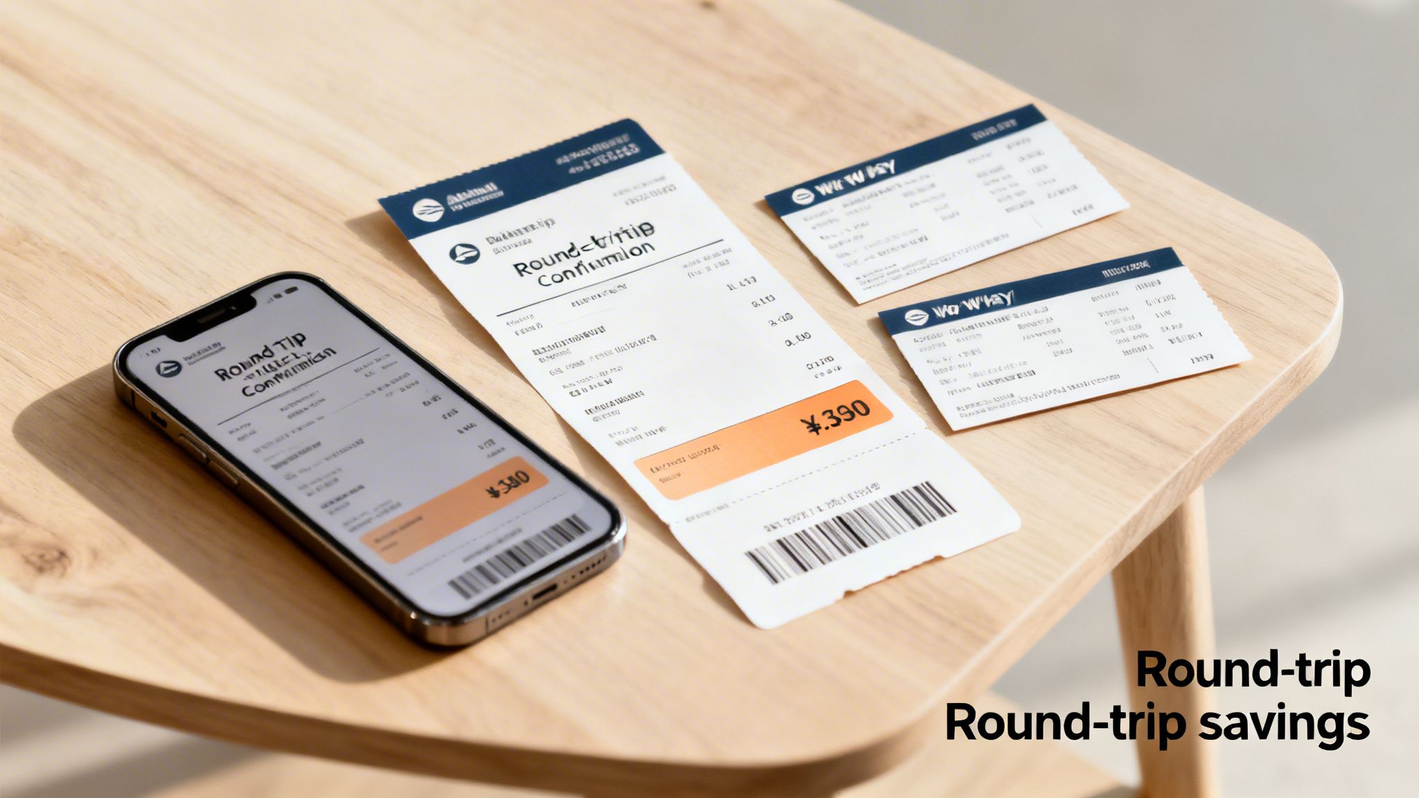 A smartphone and paper tickets showing round-trip travel confirmations and prices on a wooden surface.