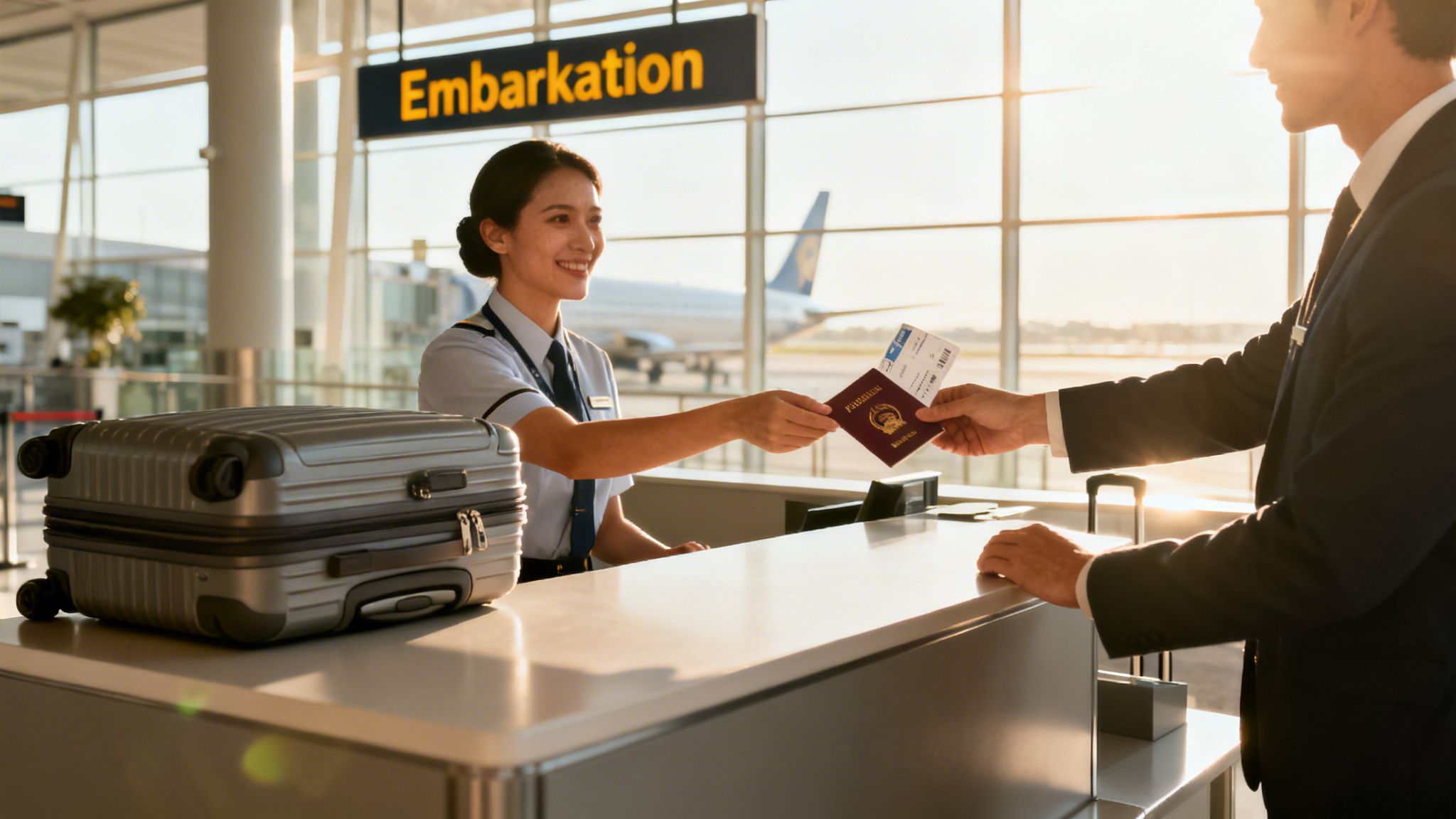 An airline agent smiles while handing a passport and boarding pass to a passenger at an airport check-in counter.