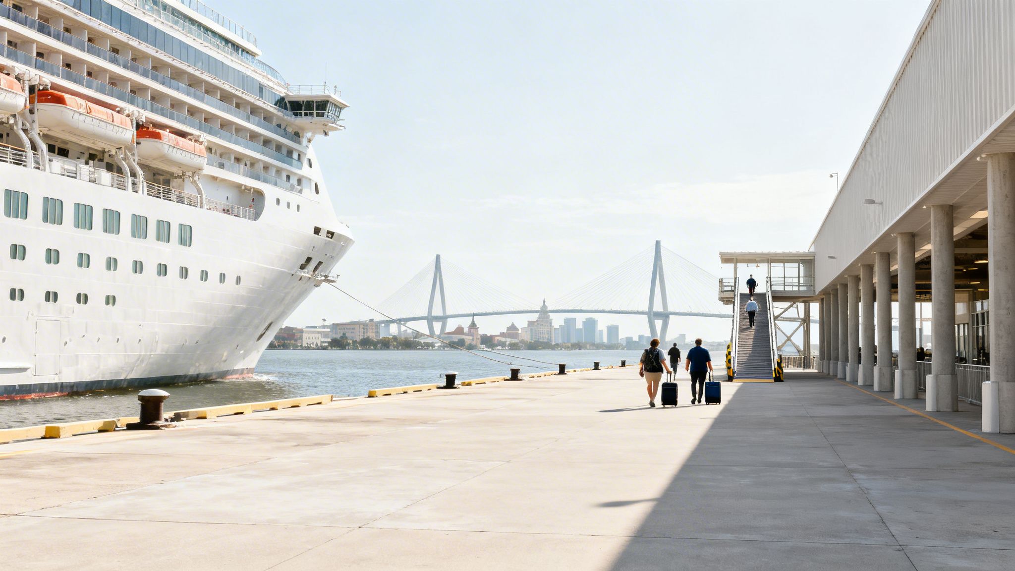 Passengers with luggage walk along a sunny pier next to a large cruise ship, with a city skyline and bridge in the background.