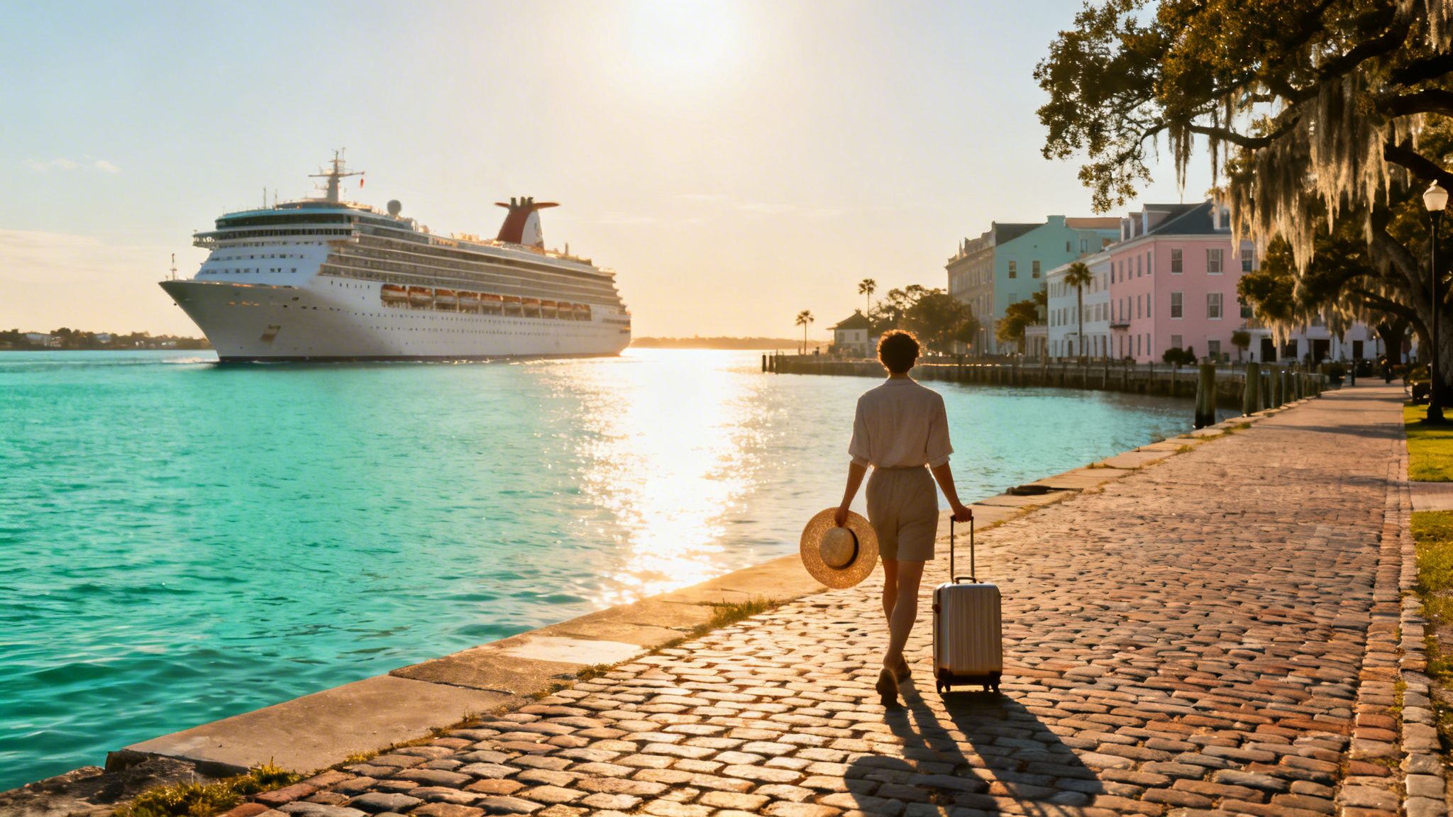 Traveler with suitcase walking on a cobblestone path by the sea with a cruise ship at sunset.