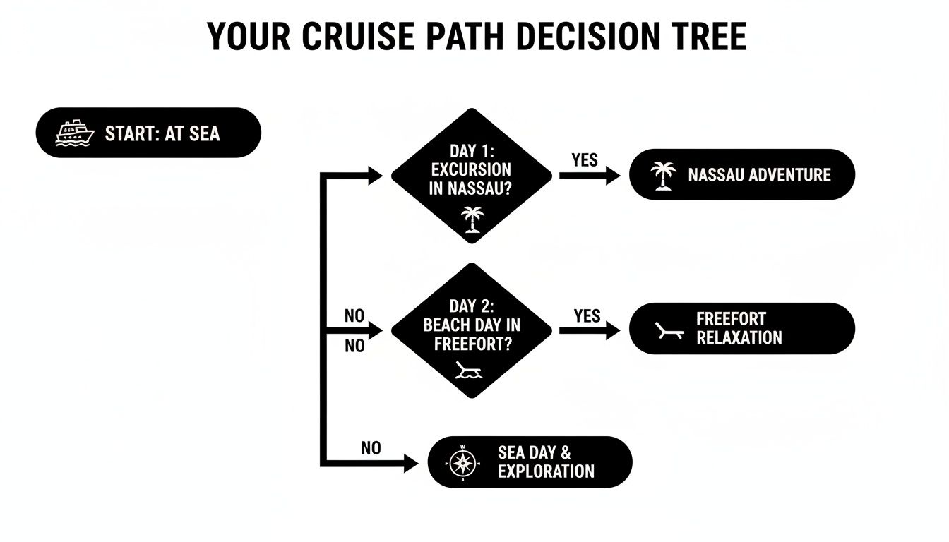 A cruise path decision tree showing options for Nassau adventure, Freeport relaxation, or a sea day.