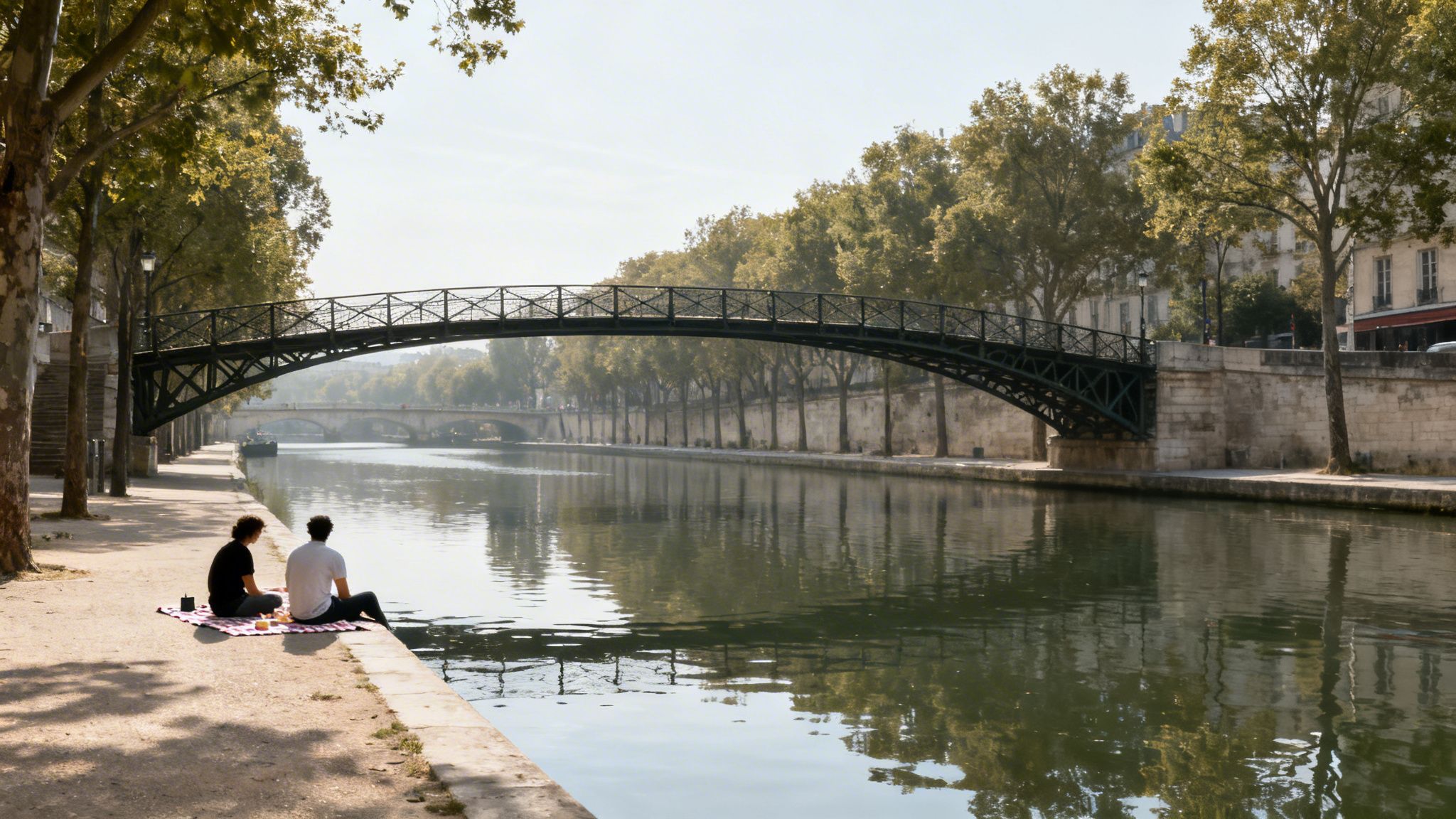 Two people picnicking by the Canal Saint-Martin in Paris, beneath an ornate pedestrian bridge.