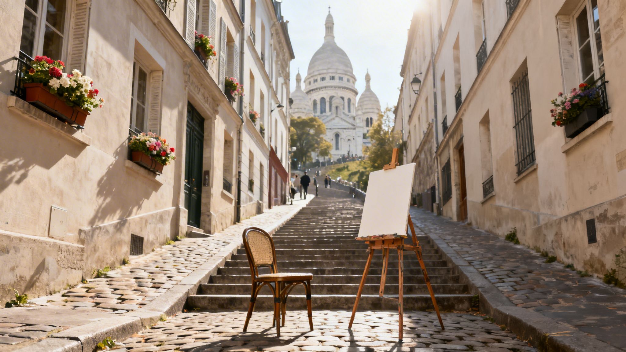 A picturesque cobblestone street in Montmartre, Paris, leading to Sacré-Cœur Basilica with an artist's easel.