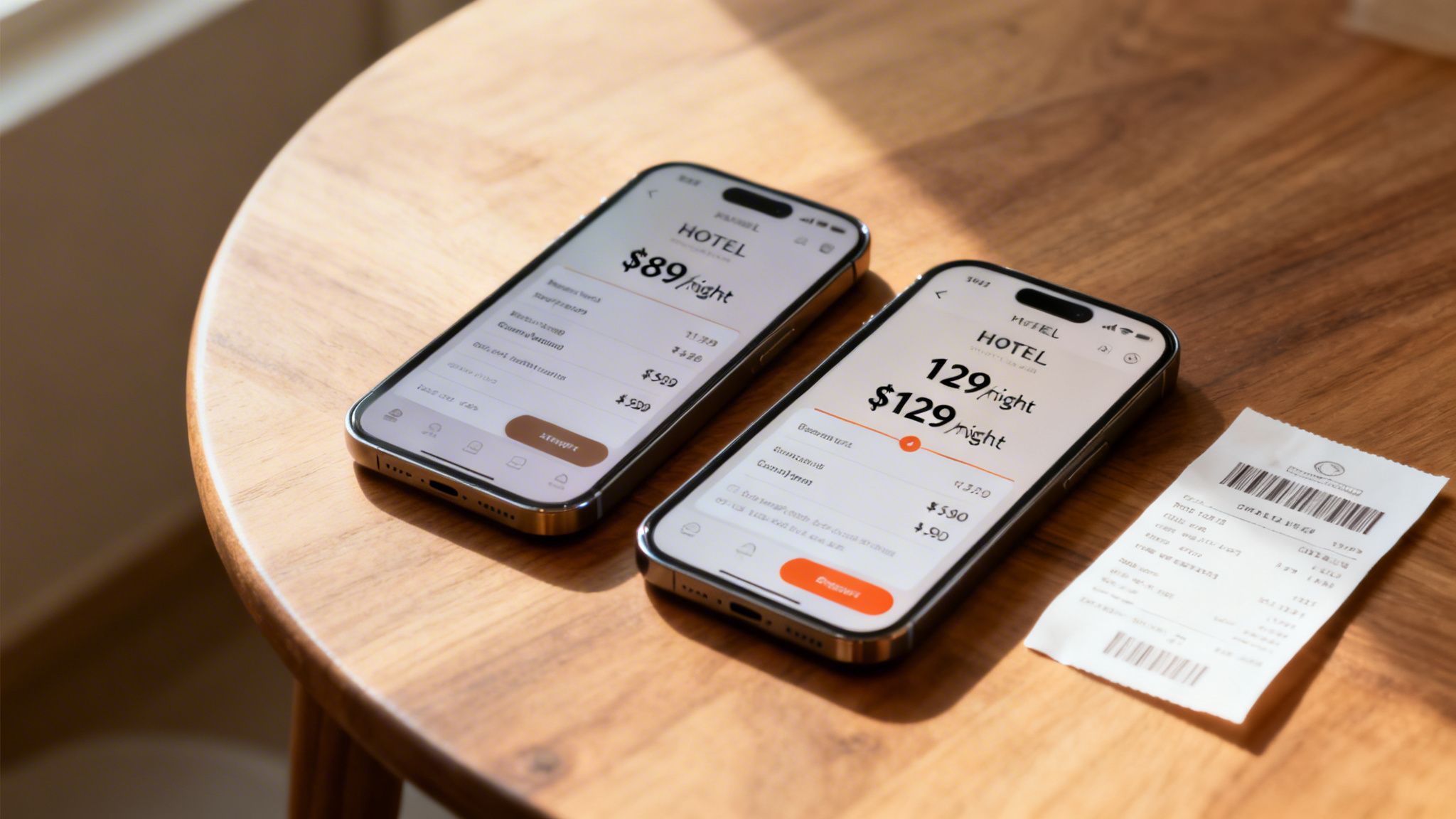 Two smartphones displaying hotel booking apps with different prices on a wooden table next to a receipt.