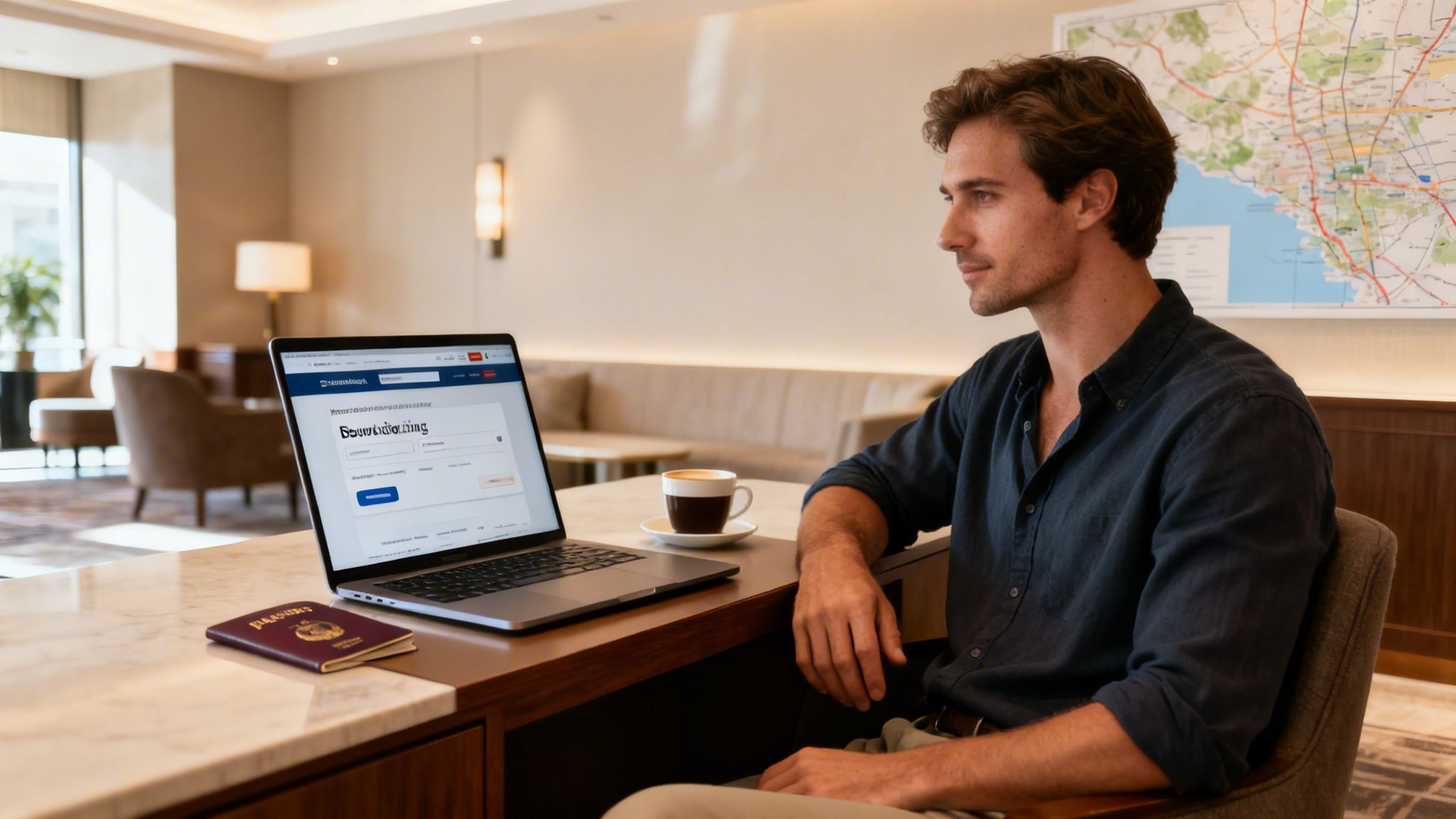 A man in a hotel lounge works on his laptop with a coffee and passport nearby.