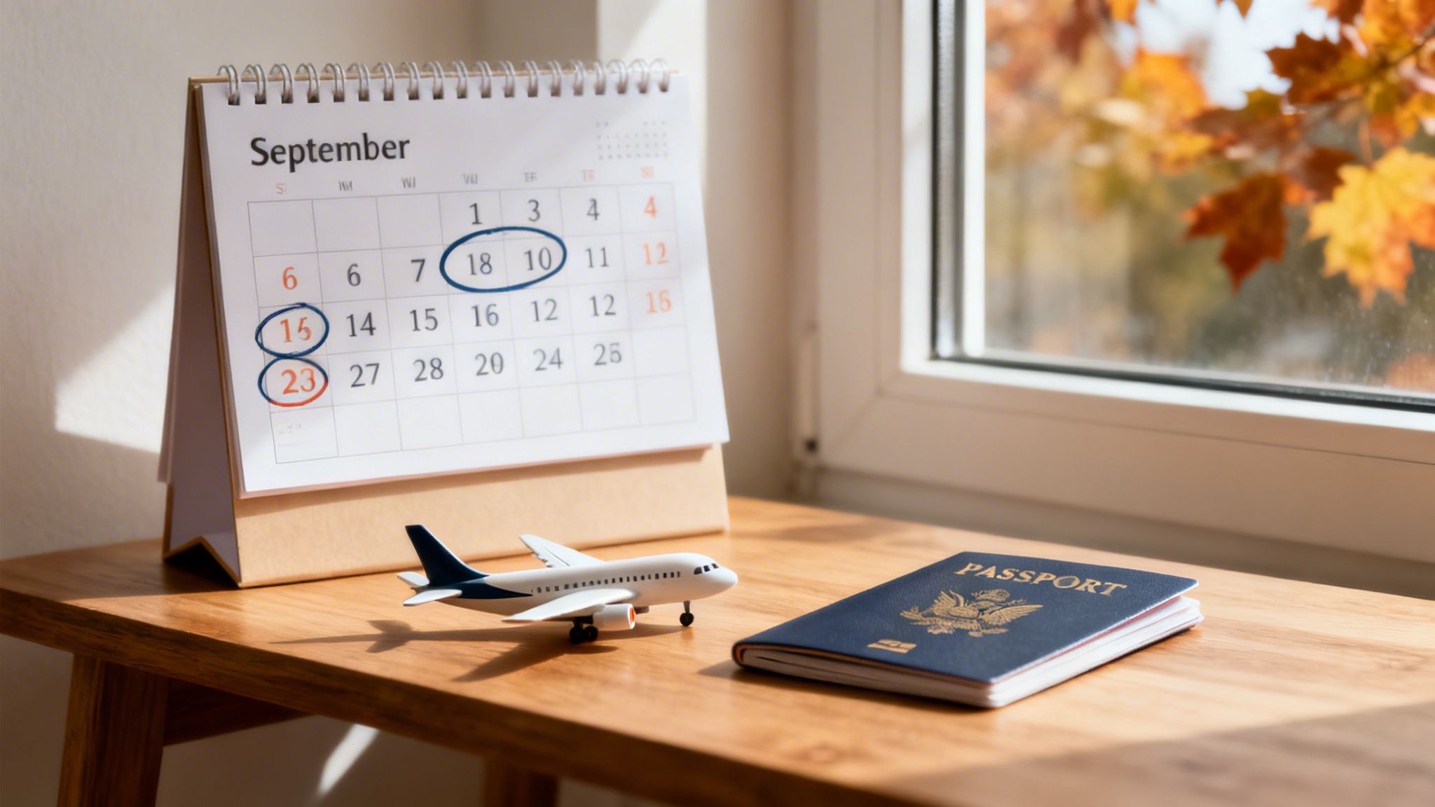A September calendar, toy airplane, and passport on a wooden table, symbolizing travel planning.