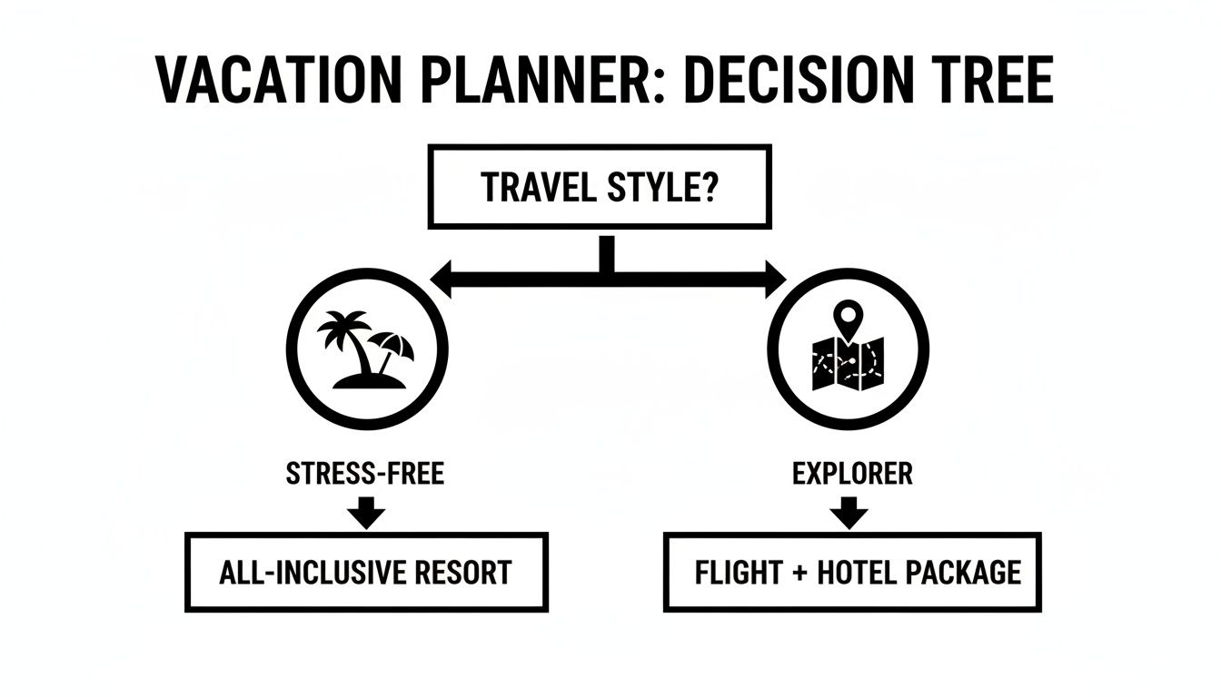 A vacation planner decision tree flowchart guiding users to stress-free or explorer travel styles.
