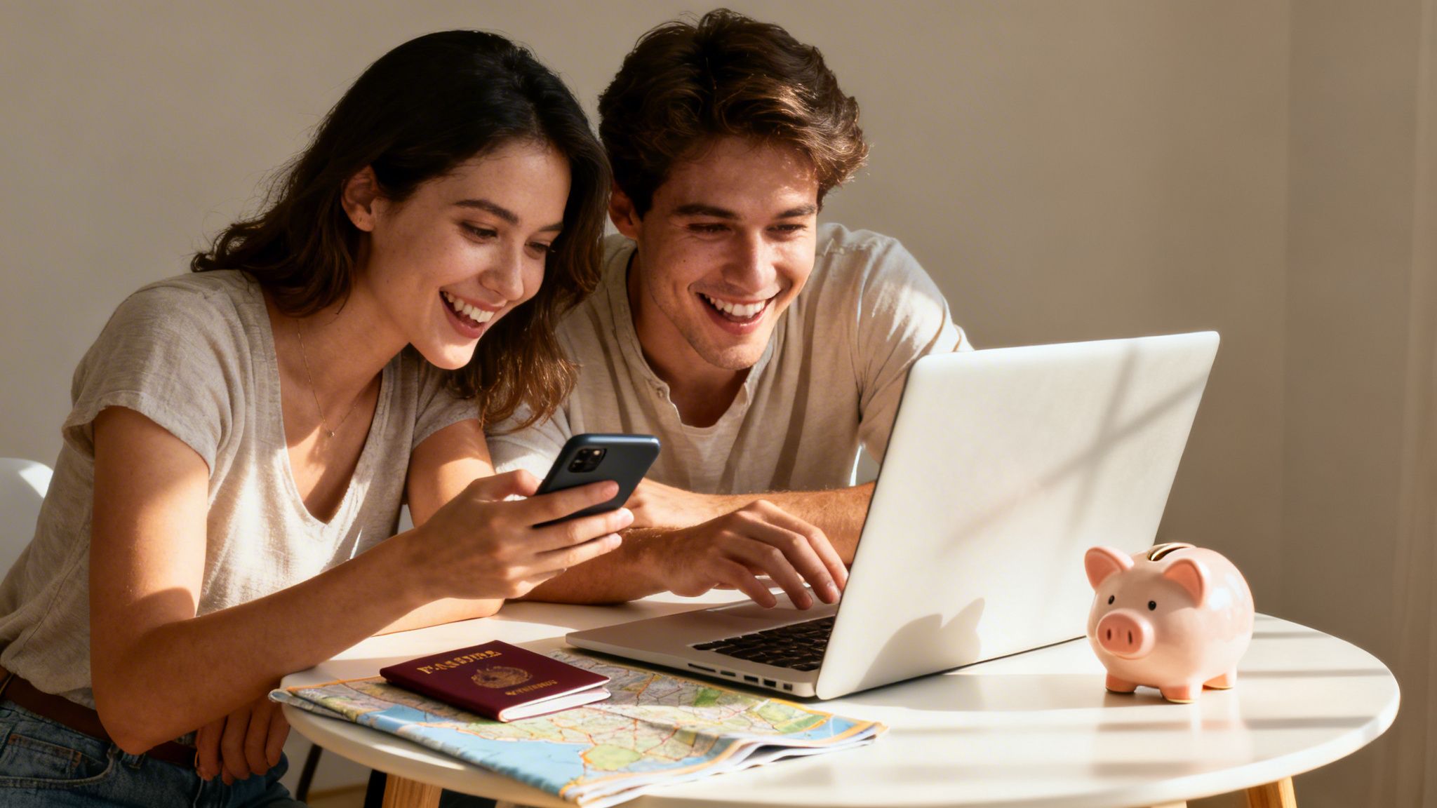 Happy couple planning a budget-friendly vacation, using a phone, laptop, map, and passport.