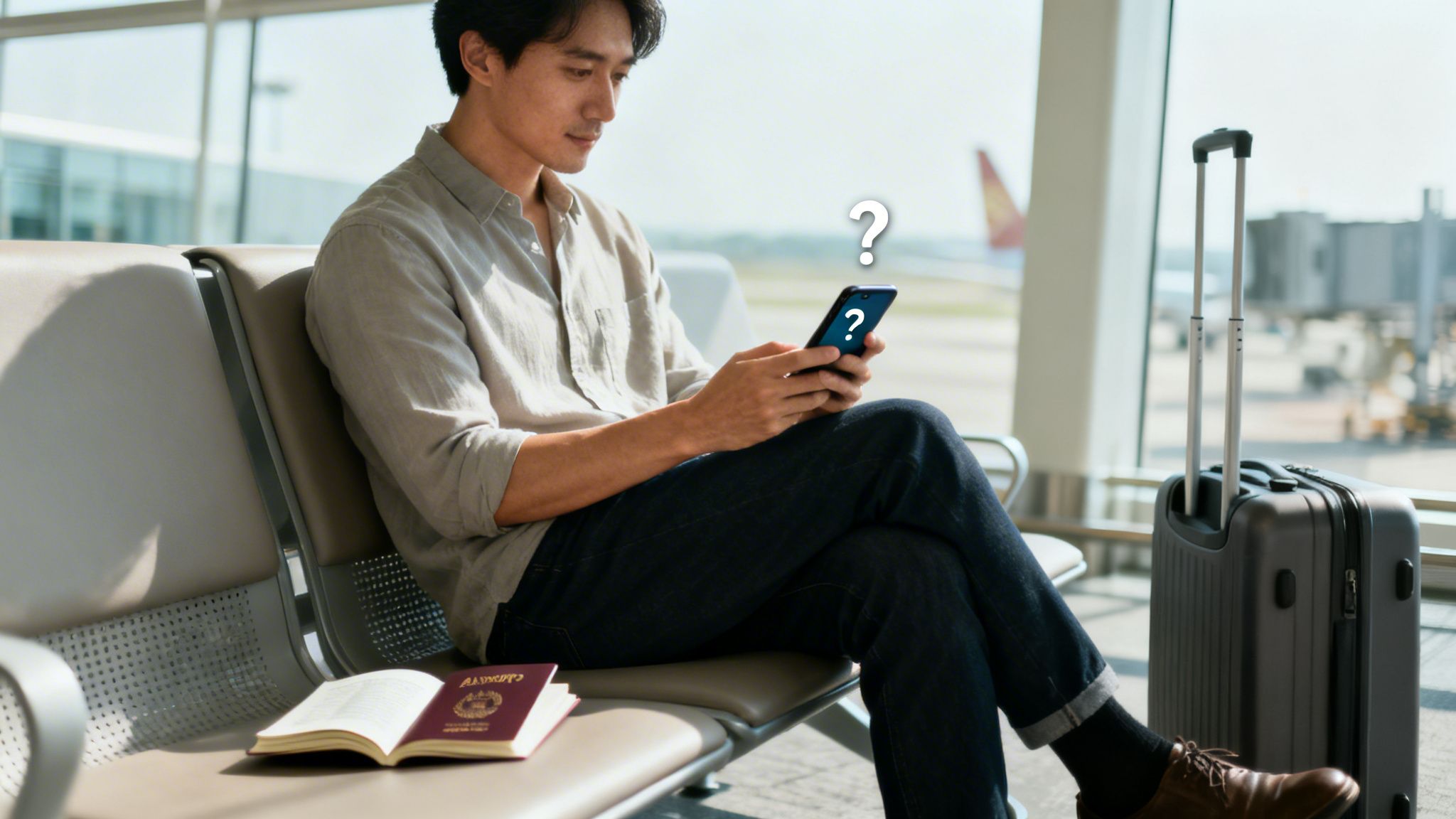 A man sits in an airport lounge, looking at his phone with question marks, with a passport and suitcase nearby.