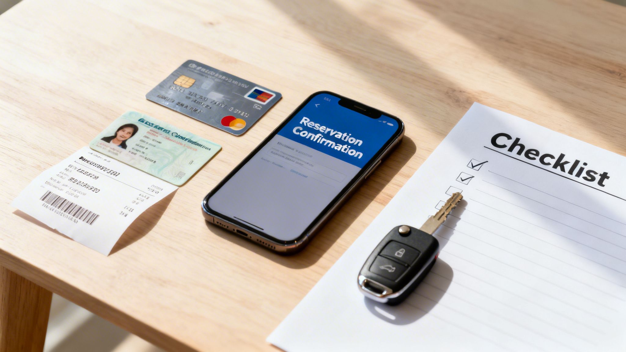 Travel preparation flat lay with phone showing reservation, car key, ID, credit card, and checklist.