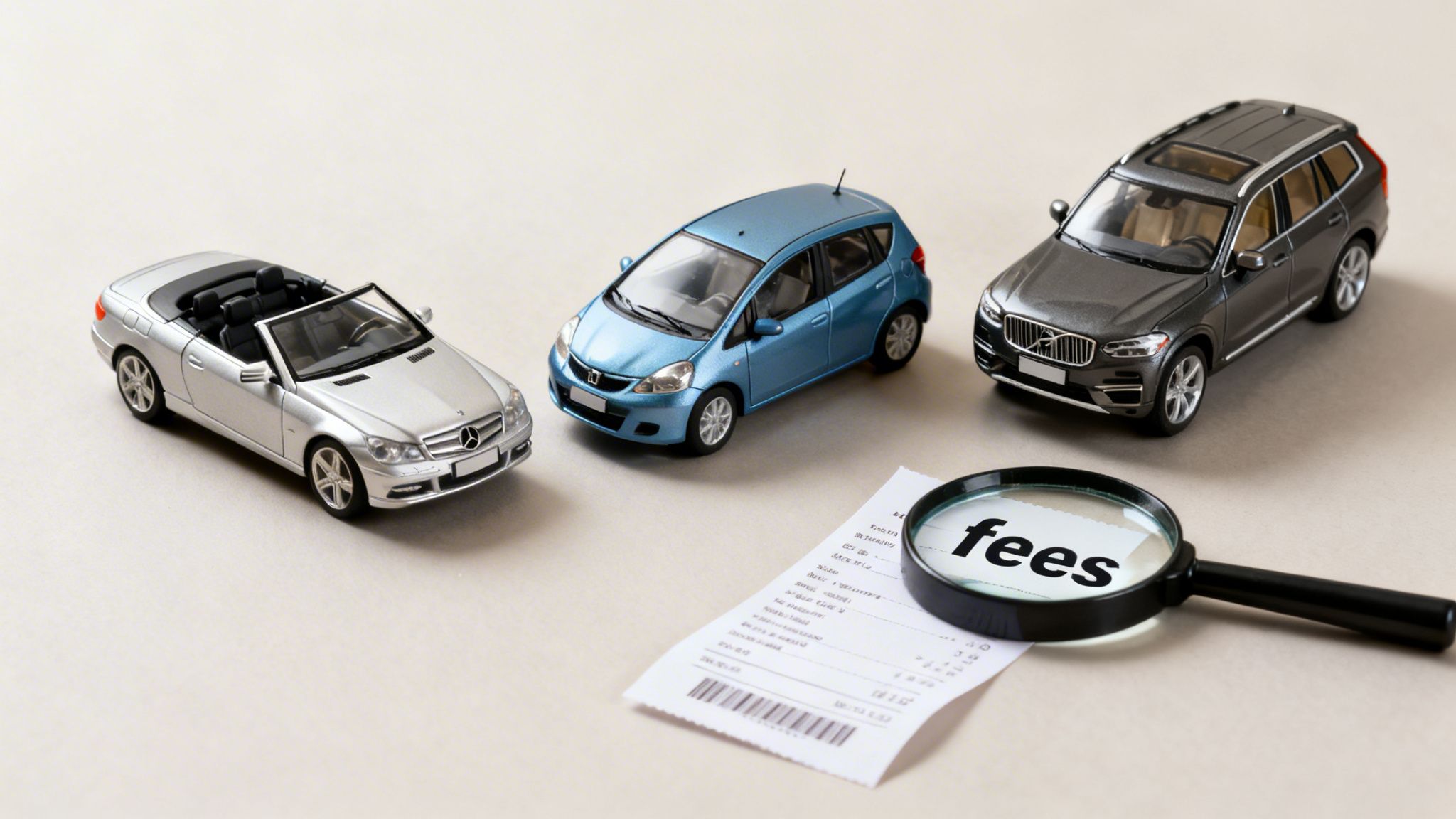 Three toy cars, a receipt, and a magnifying glass highlighting 'fees', symbolizing car rental costs.