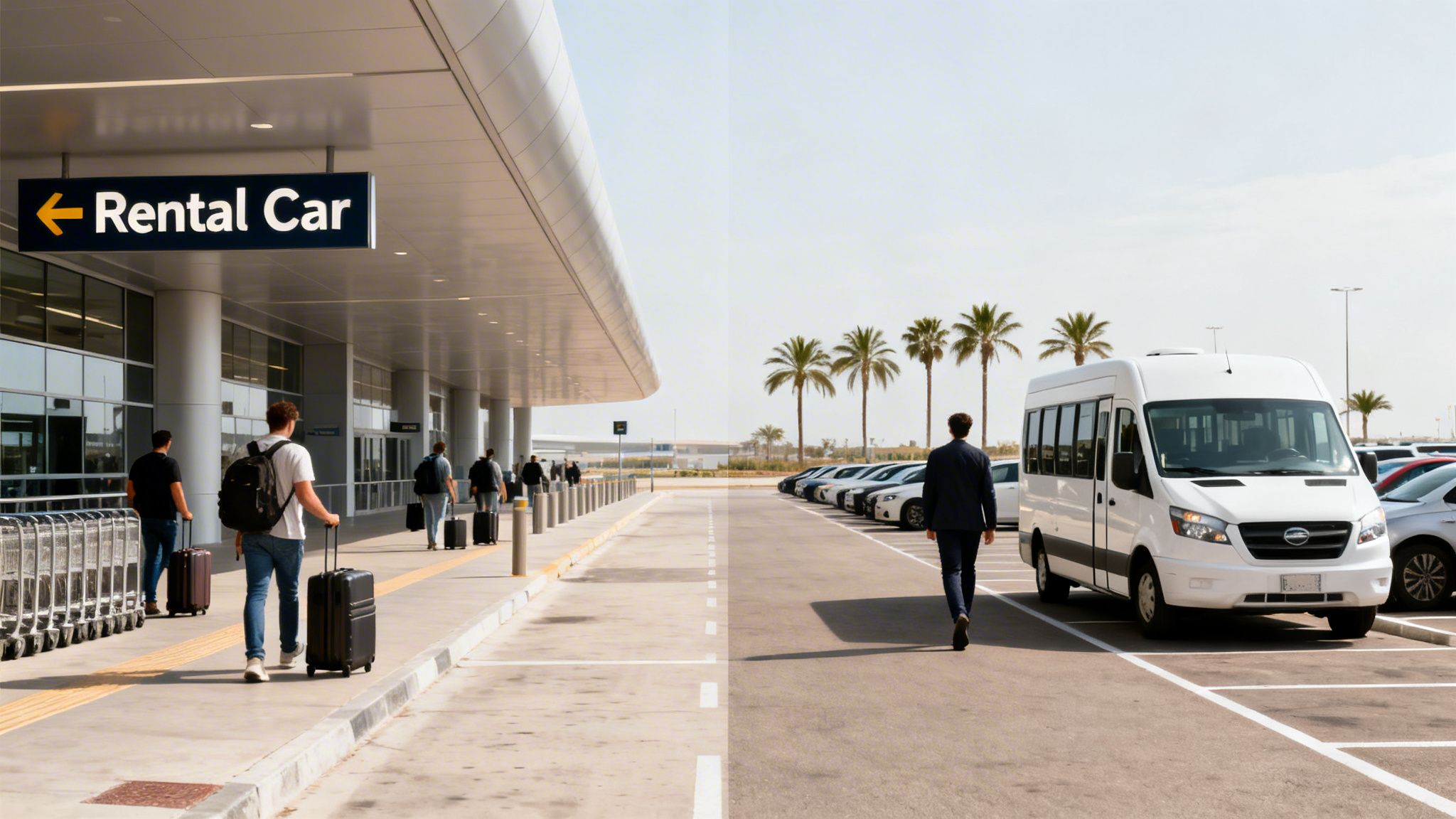 People walking at an airport terminal with a 'Rental Car' sign and a shuttle bus in the parking lot.