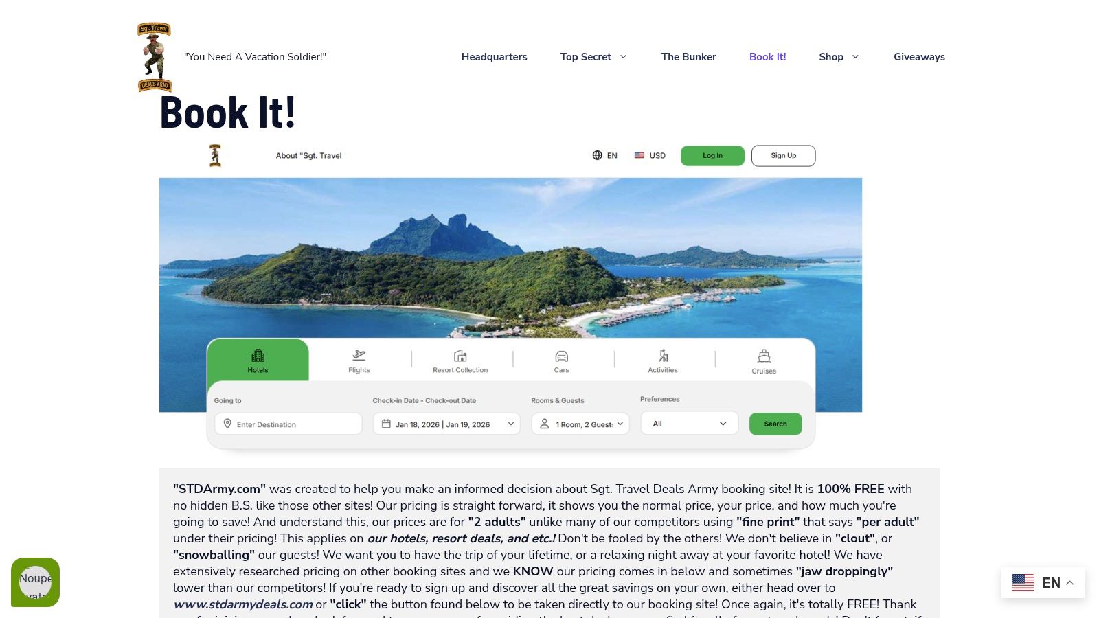 Screenshot of the Book It travel booking platform showing deals on resorts, flights, and hotels, emphasizing its utility for finding cheap all inclusive resorts for families.
