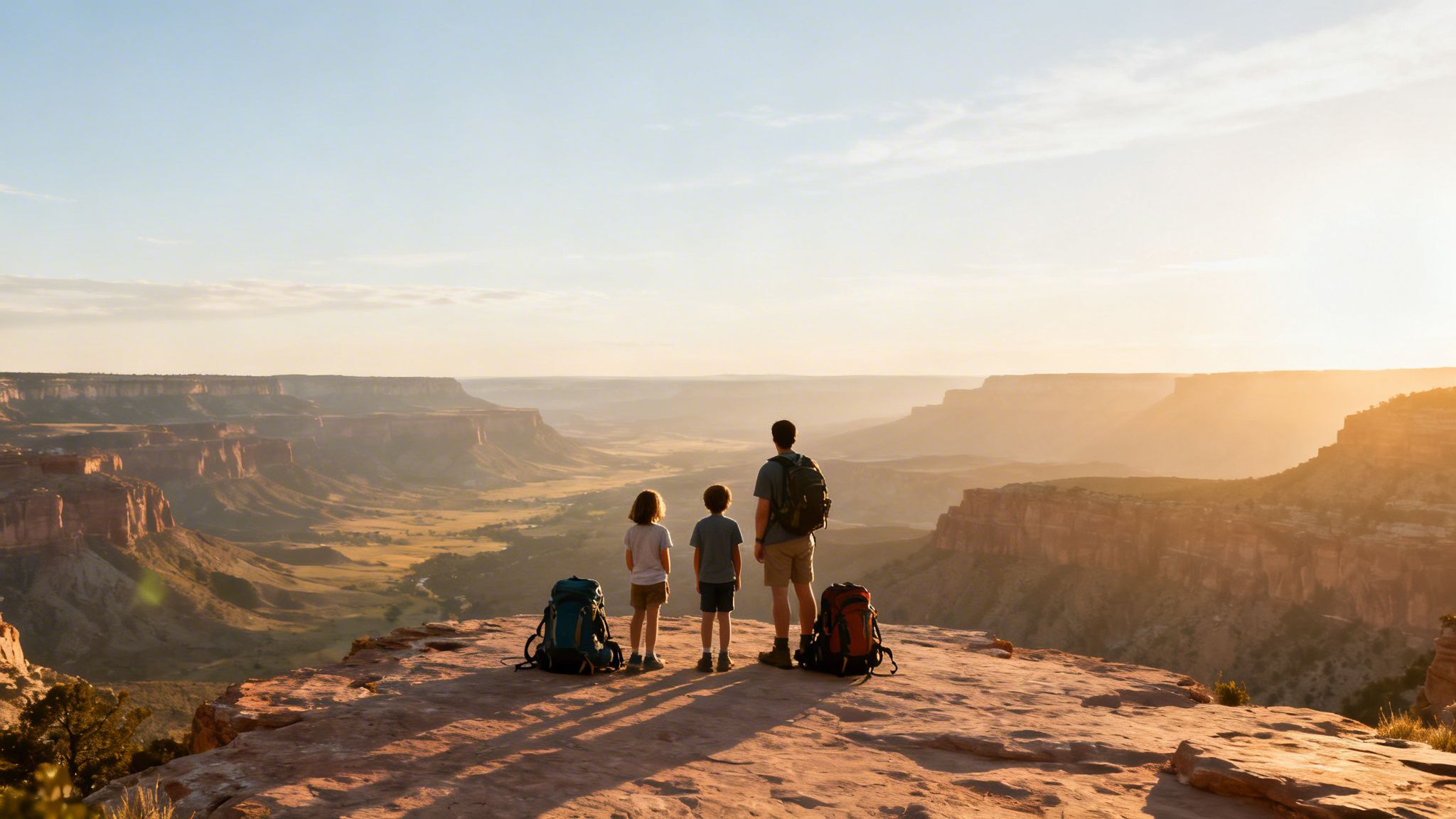 Father and two children with backpacks admire a panoramic canyon view at golden hour.