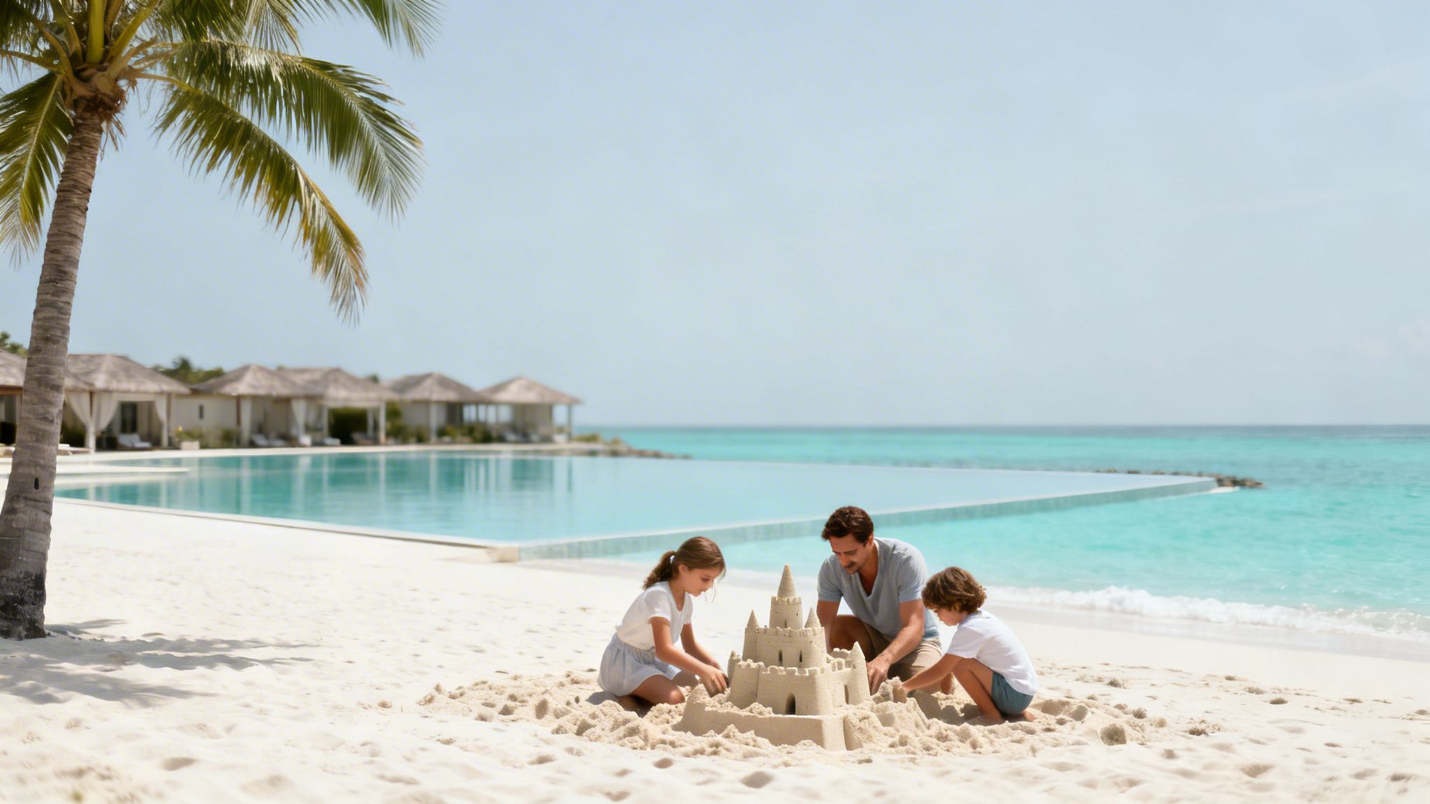 A family builds a sandcastle on a white sand beach with an infinity pool and turquoise ocean.