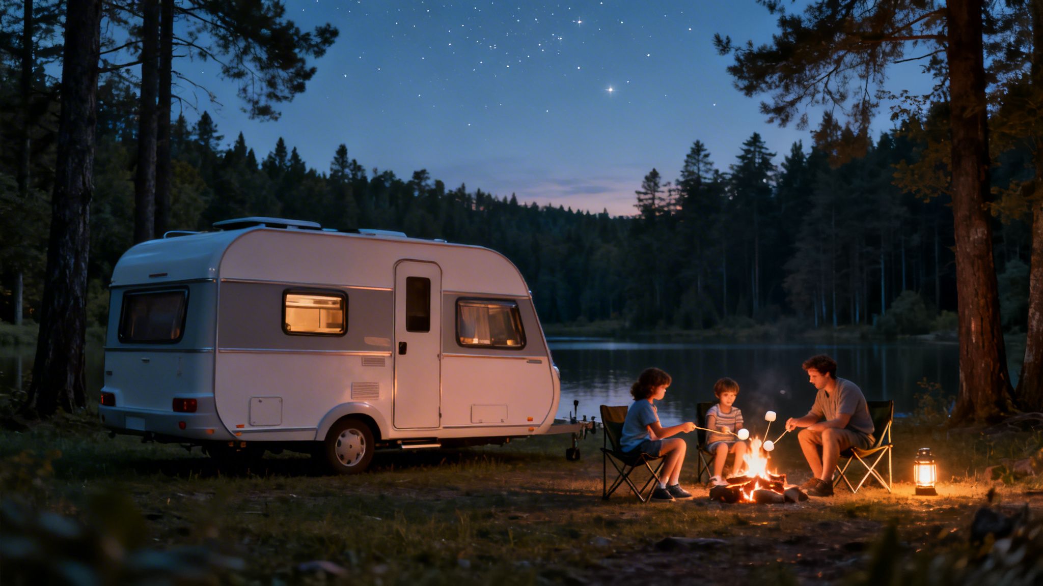 A family roasts marshmallows by a campfire next to a caravan and lake under a starry night sky.