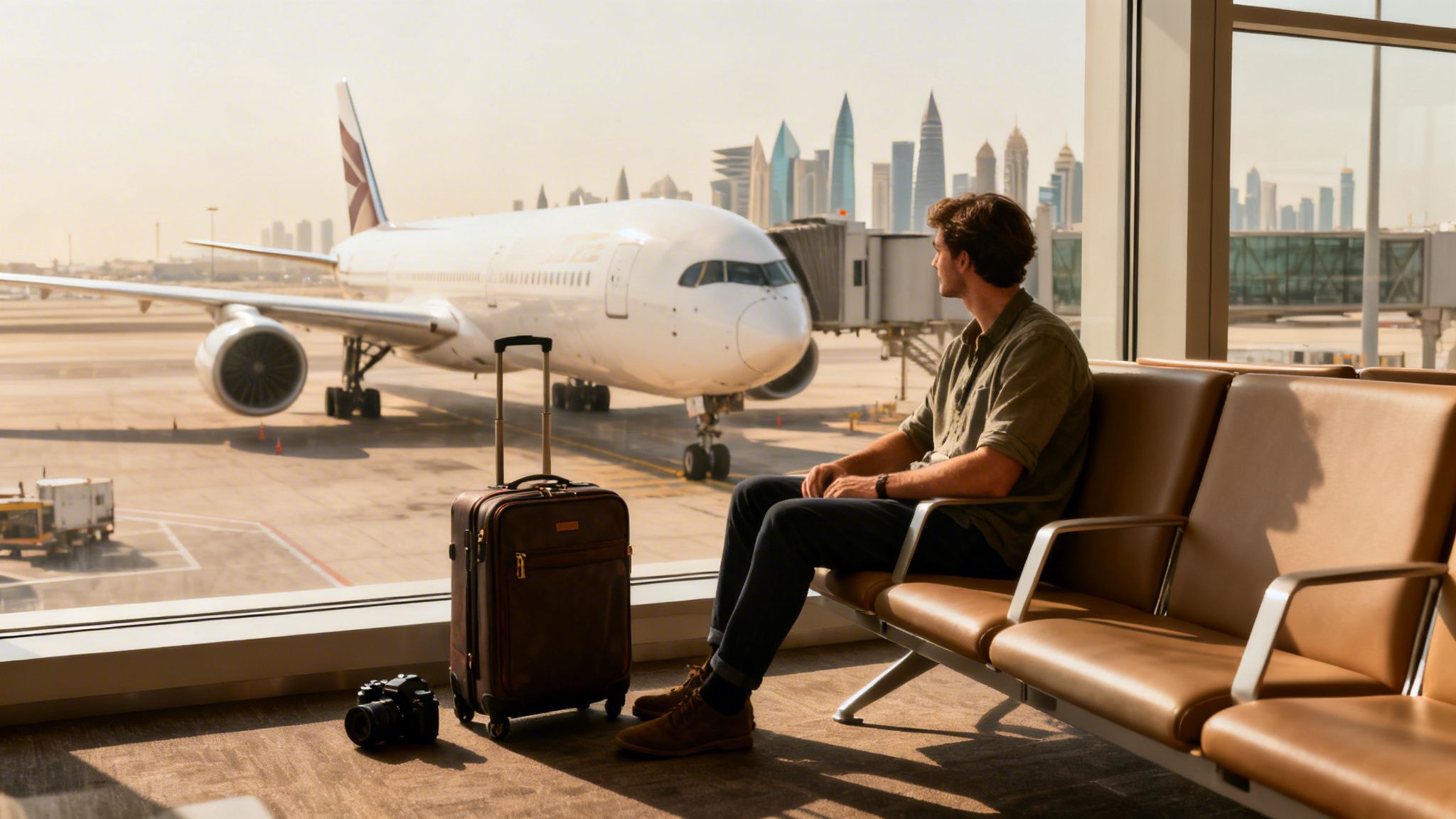 Traveler in airport lounge looks at airplane and distant city buildings through a large window.