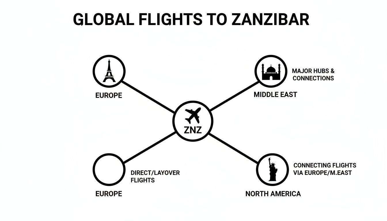 Diagram showing global flight connections to Zanzibar (ZNZ) from Europe, the Middle East, and North America.