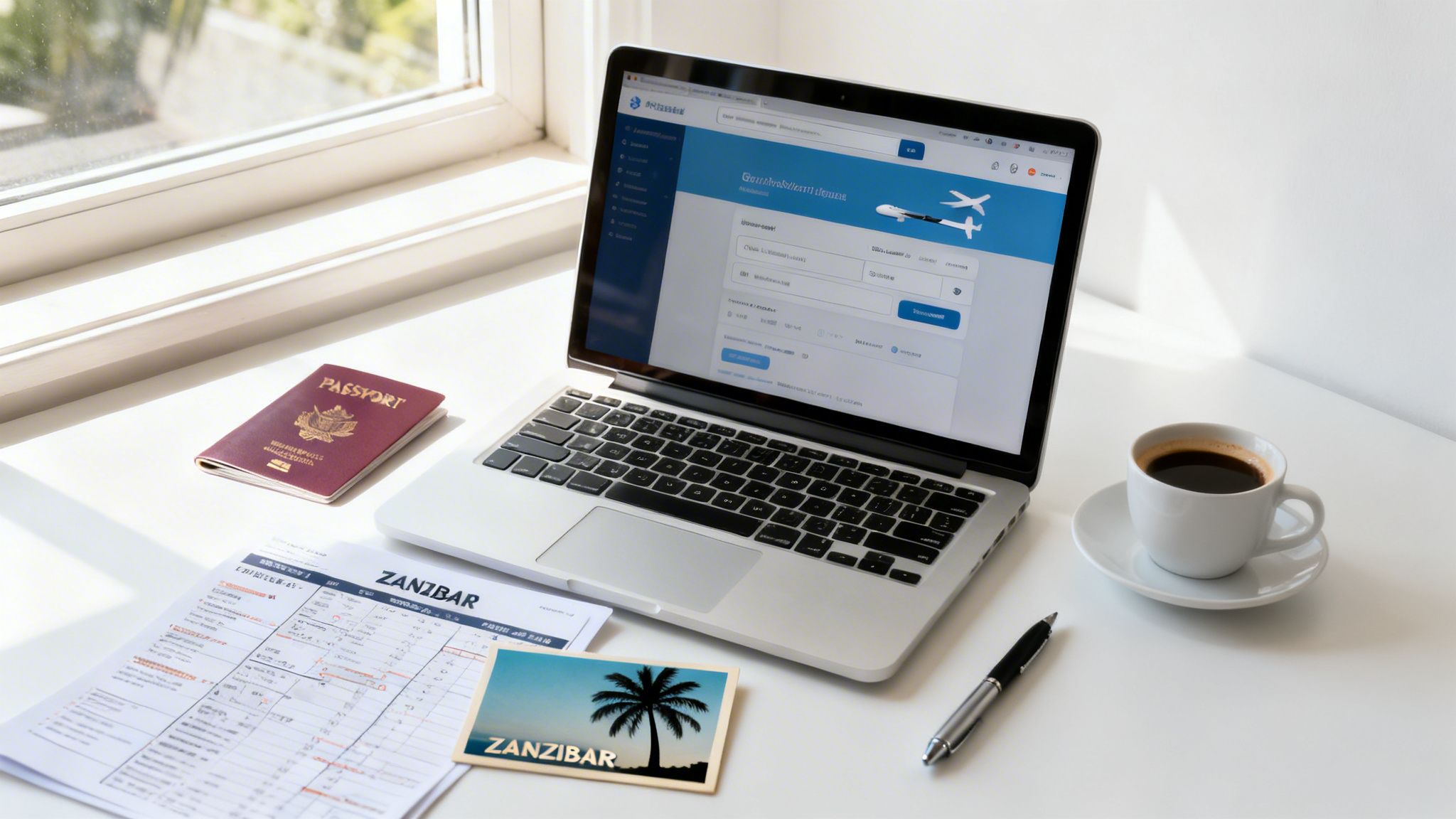 Laptop showing flight booking, passport, travel documents, and a Zanzibar postcard on a bright desk.