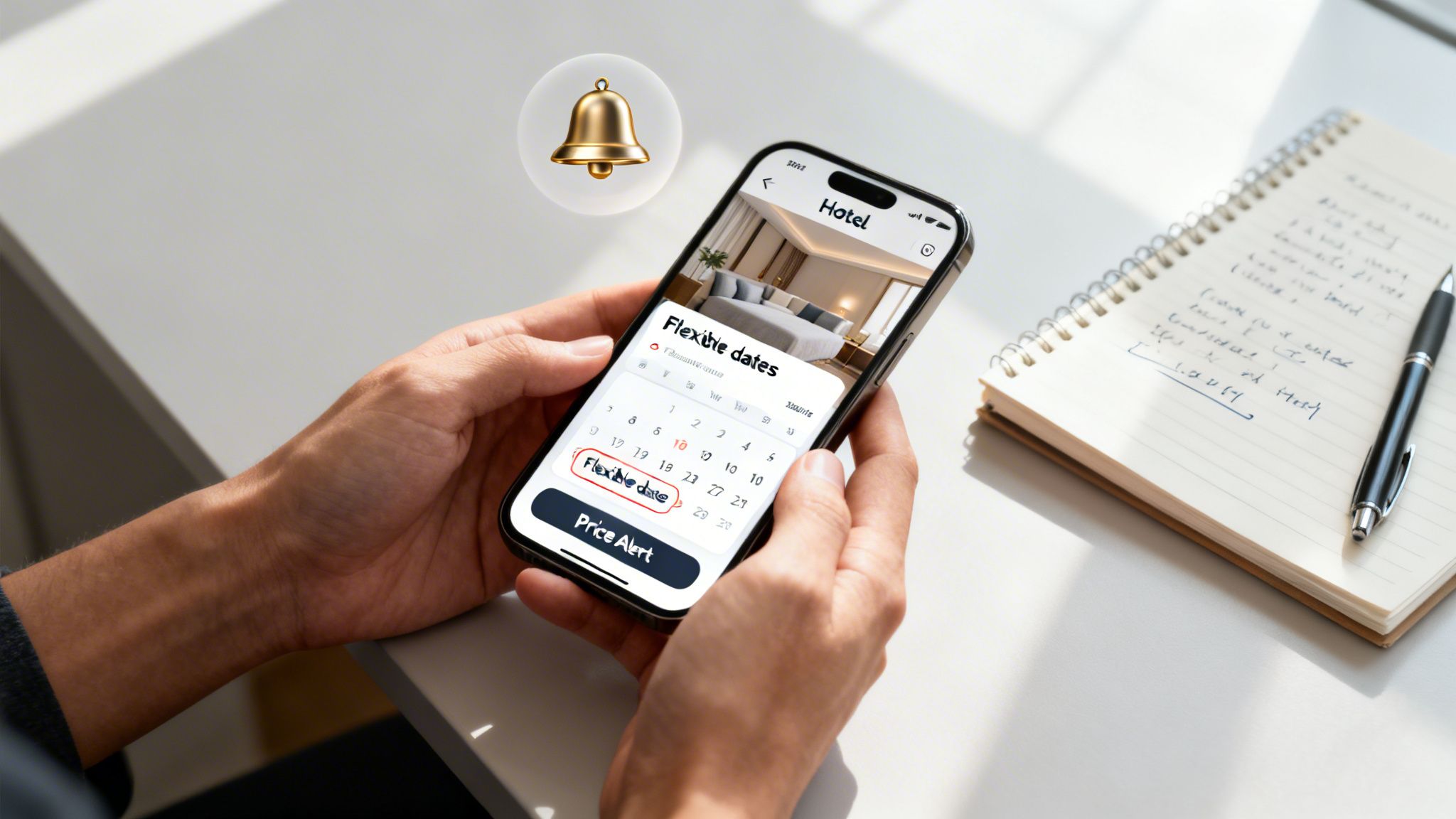 Hands holding a smartphone displaying a hotel booking app with flexible dates and price alerts. A notification bell floats above.