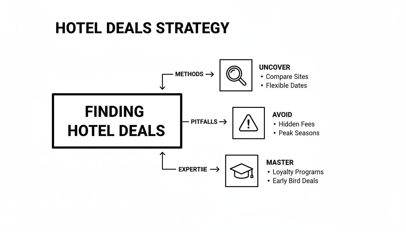 A flowchart detailing a hotel deals strategy, showing methods to uncover, pitfalls to avoid, and areas to master.