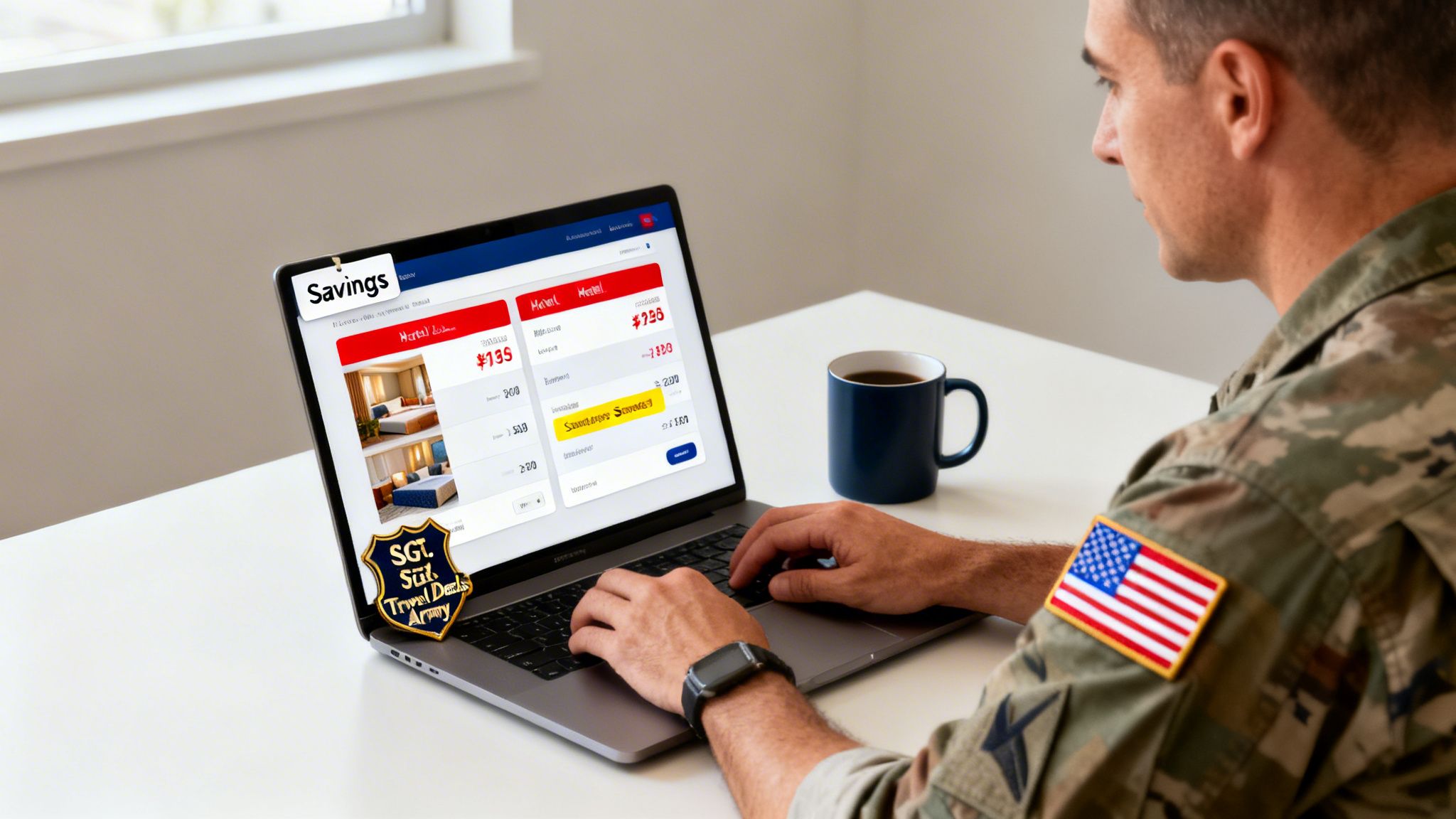 A soldier comparing hotel savings on a laptop, with a coffee mug and an American flag patch visible.