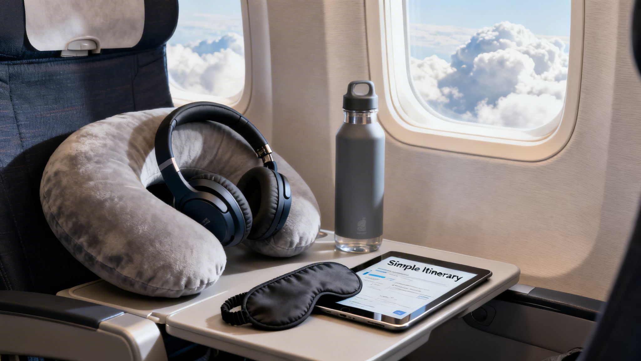 Travel essentials arranged on an airplane tray table next to a window with clouds.
