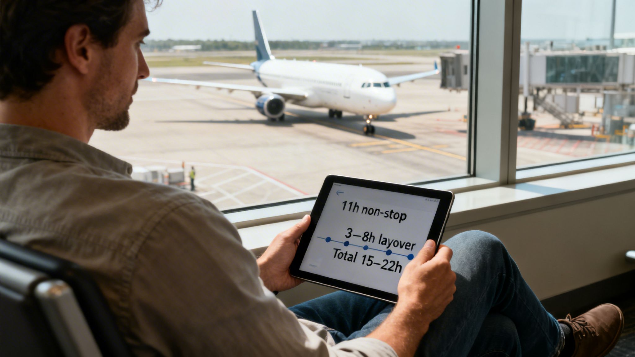 Man in airport terminal viewing flight options on a tablet, with a plane visible outside.