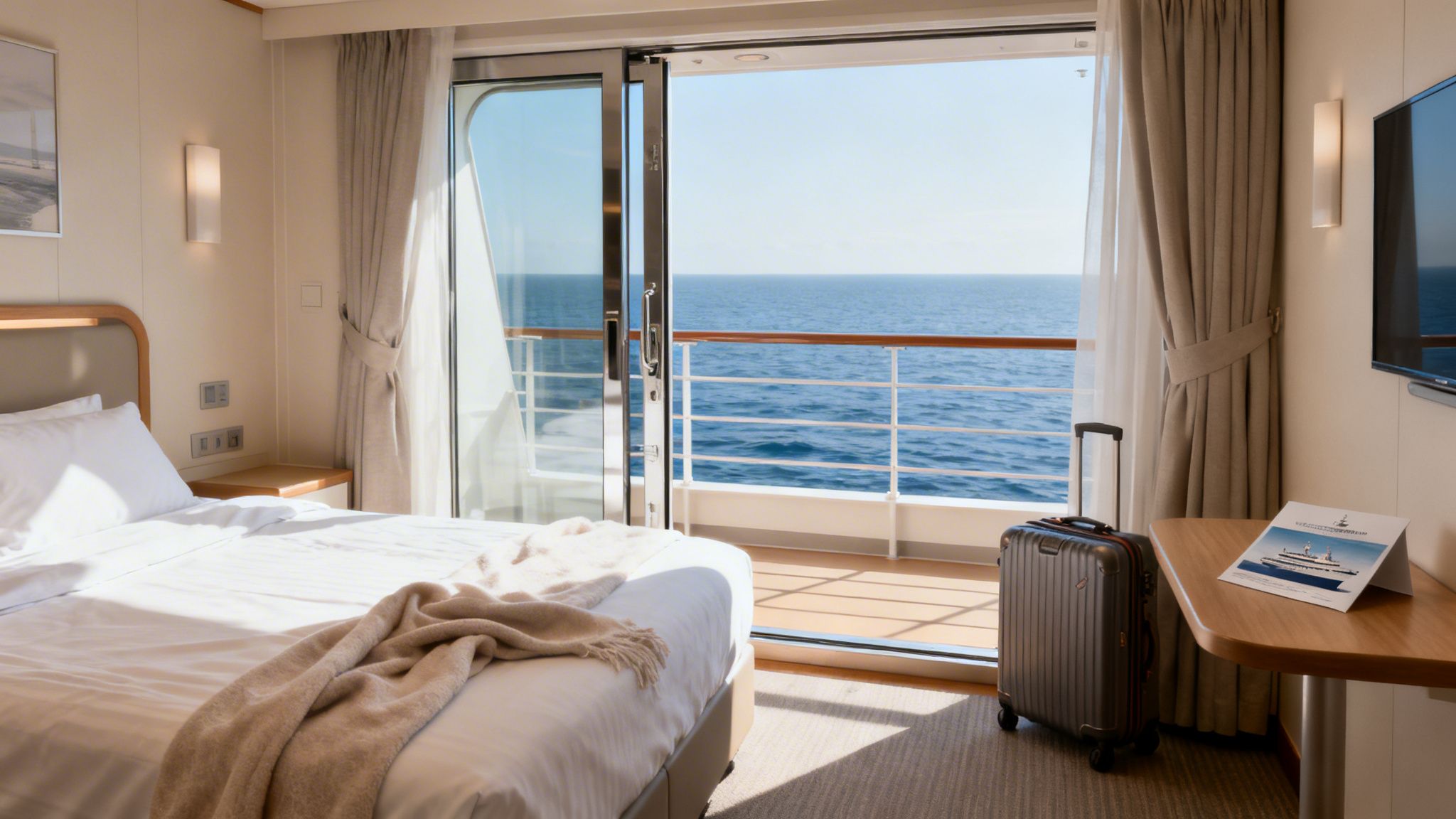 A bright cruise ship cabin with a bed, balcony ocean view, suitcase, and a brochure.
