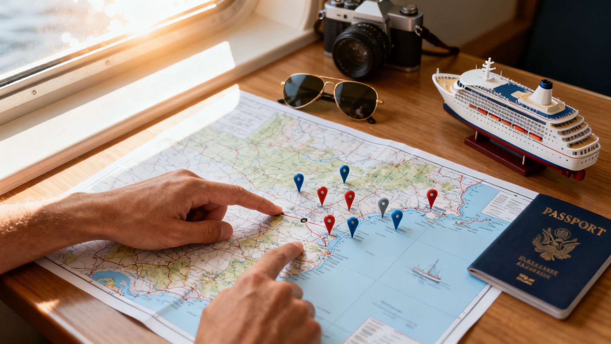 Hands pointing at a map with travel pins, passport, cruise ship model, camera, and sunglasses, planning a vacation.