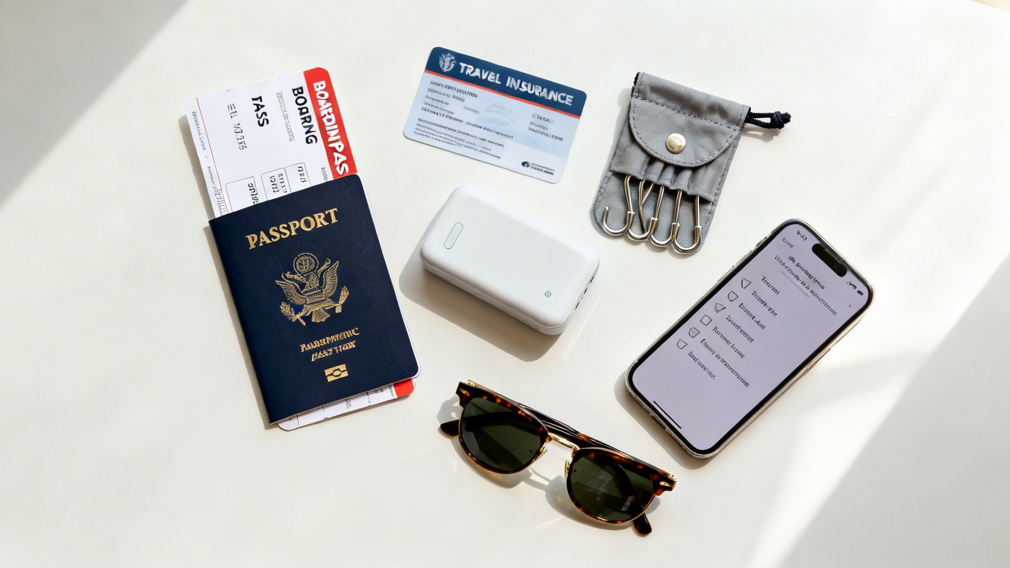 Flat lay of travel essentials: passport, boarding pass, insurance card, power bank, sunglasses, phone, and key holder.