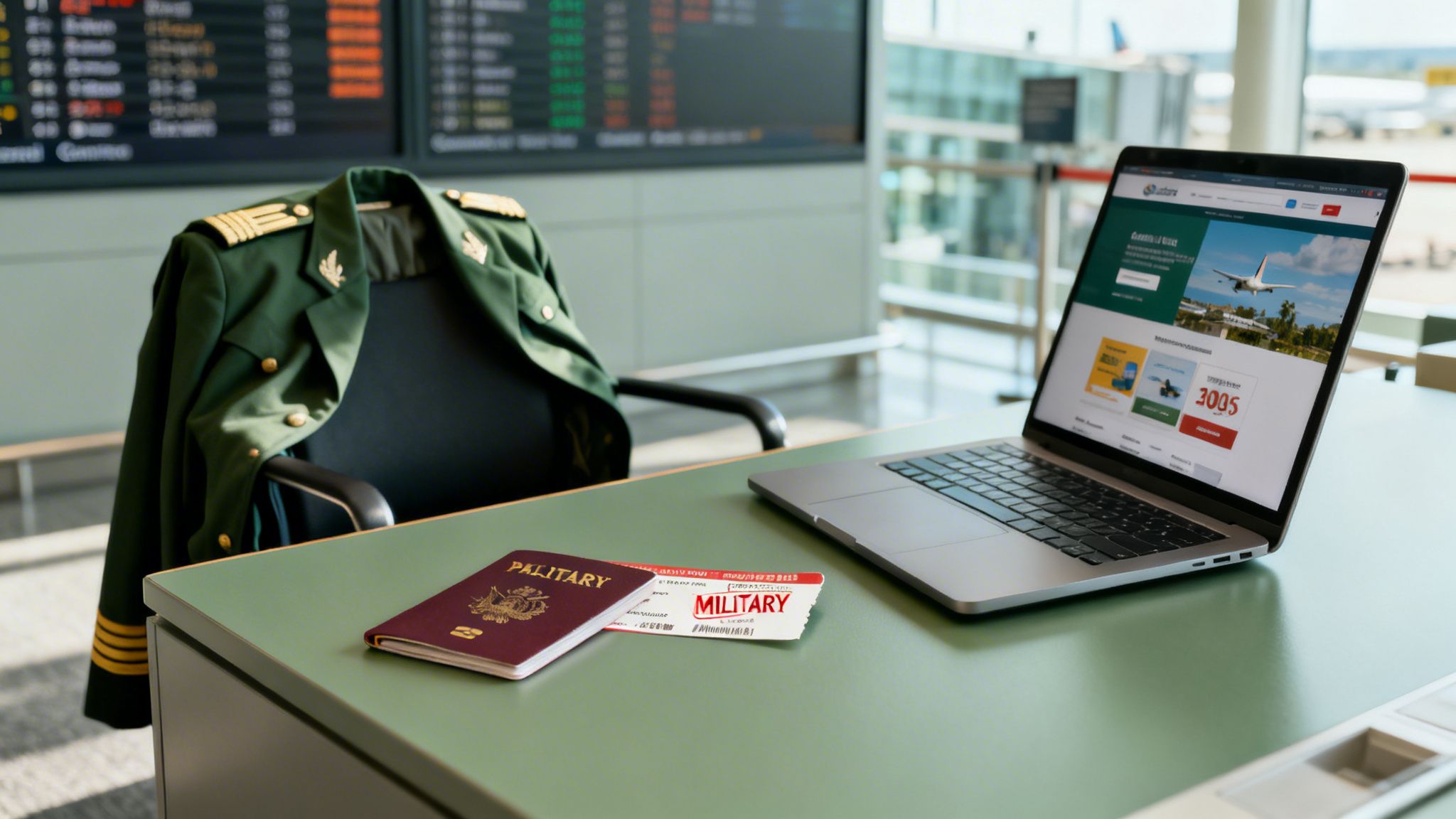 A military uniform, passport, and flight ticket with 'MILITARY' are on a desk with a laptop at an airport.