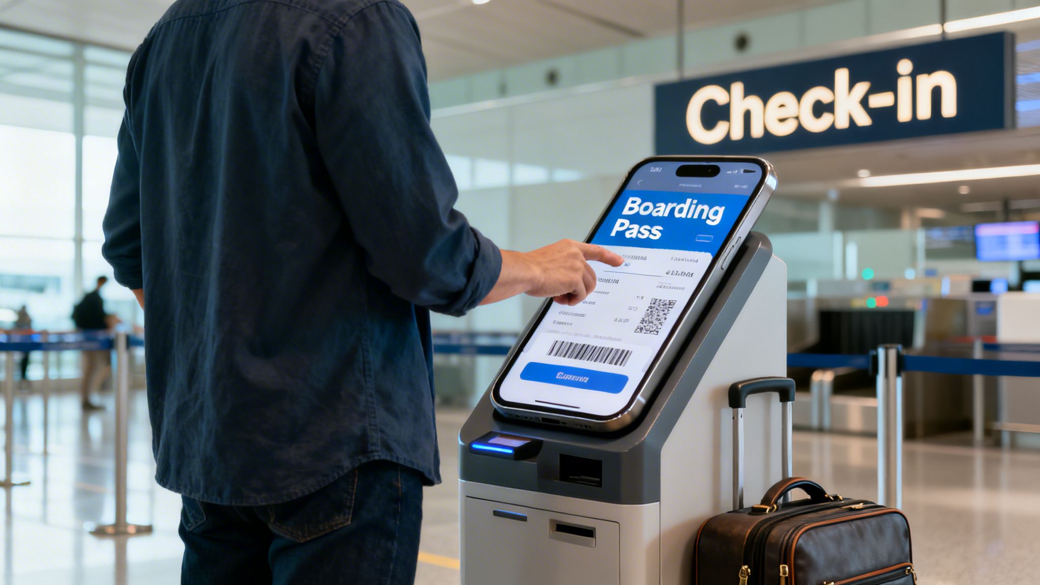 A person uses a self-check-in kiosk at an airport, displaying a digital boarding pass on the screen.