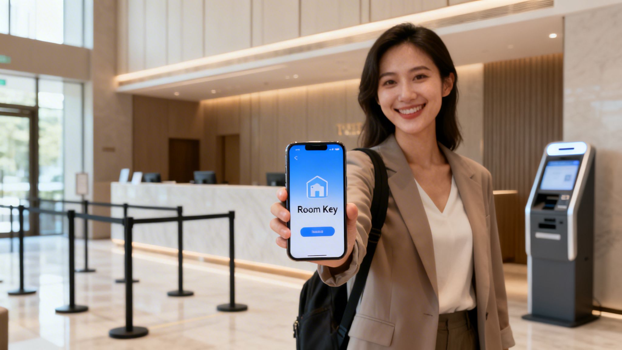 A smiling woman holds a smartphone displaying a 'Room Key' app in a modern hotel lobby.