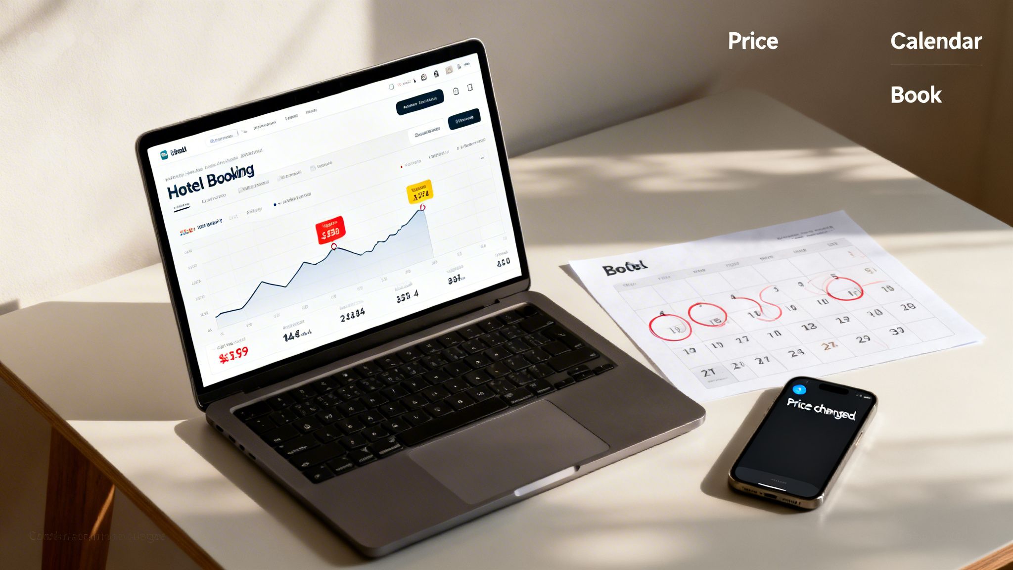 Laptop shows hotel booking data, a calendar highlights dates, and a phone notifies of price changes.