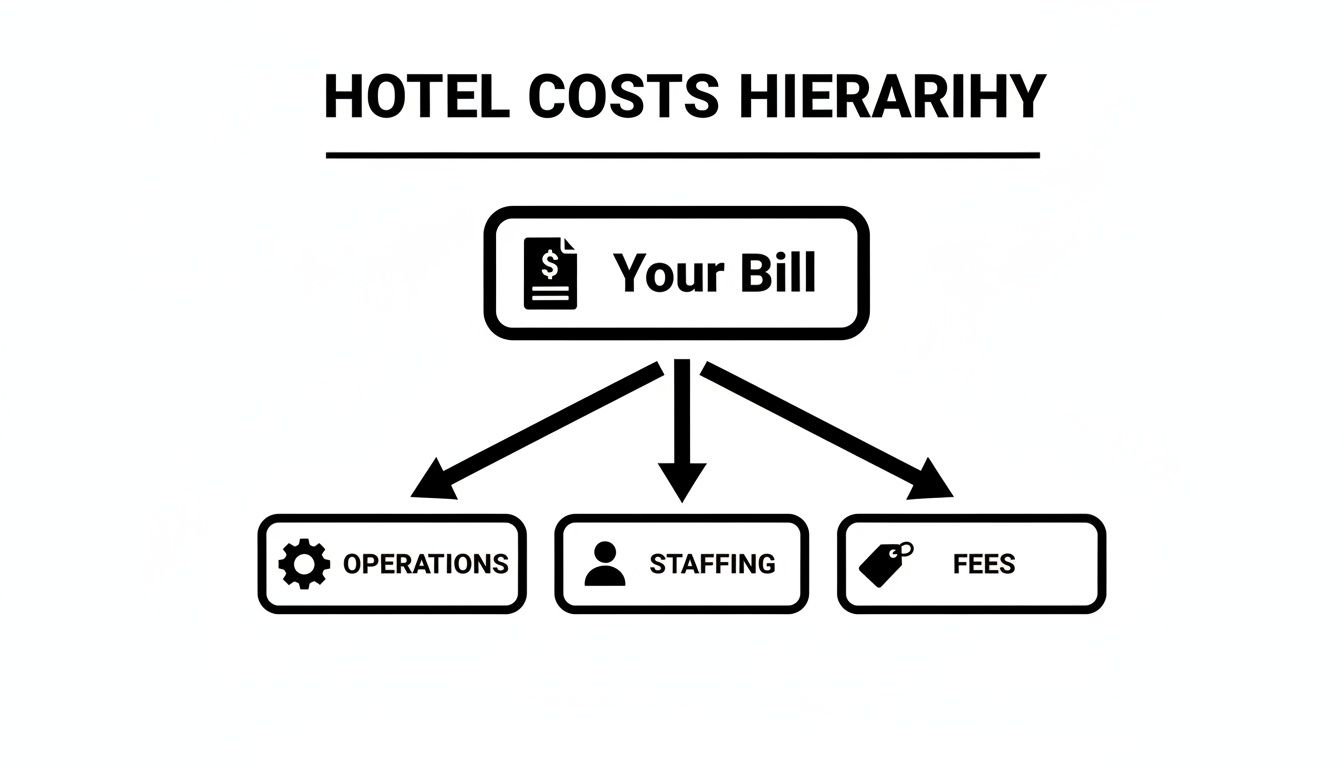 A hierarchy diagram illustrating hotel costs, showing 'Your Bill' broken down into Operations, Staffing, and Fees.