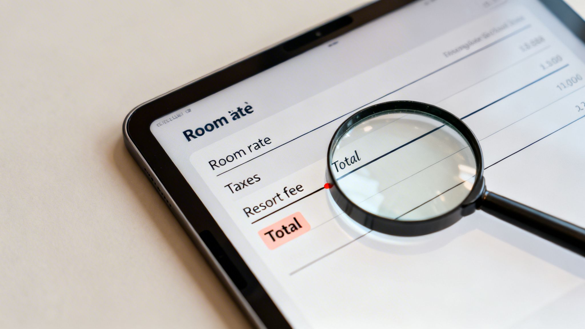 A magnifying glass highlights the "Total" on a tablet displaying hotel room charges, taxes, and resort fees.